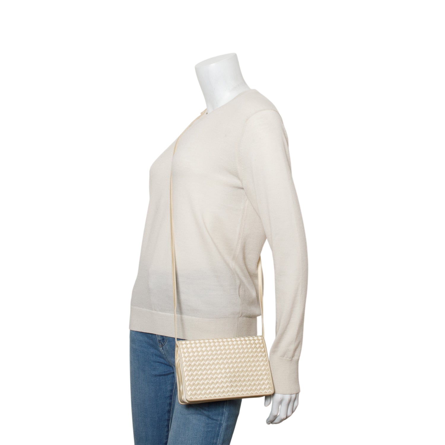 Bottega Veneta Vintage Cream Satin Intrecciato Flap Bag