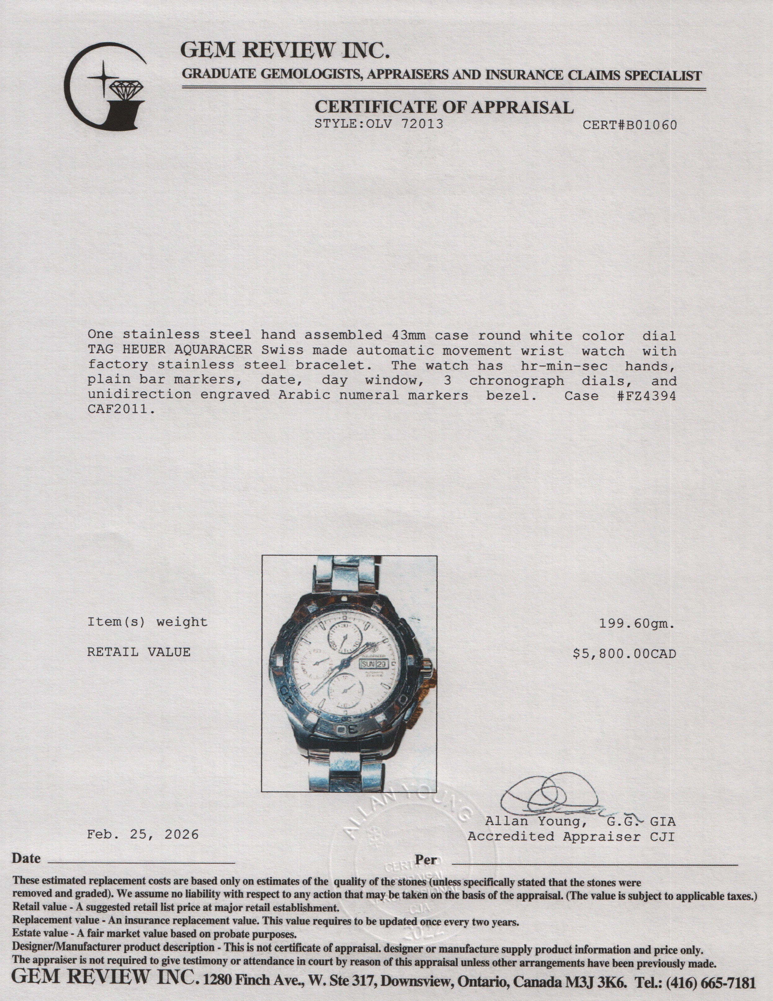 Tag Heuer Stainless Steel Aquaracer 43 MM Chronograph Automatic Watch Silver Dial CAF2011 w/ Box & Papers