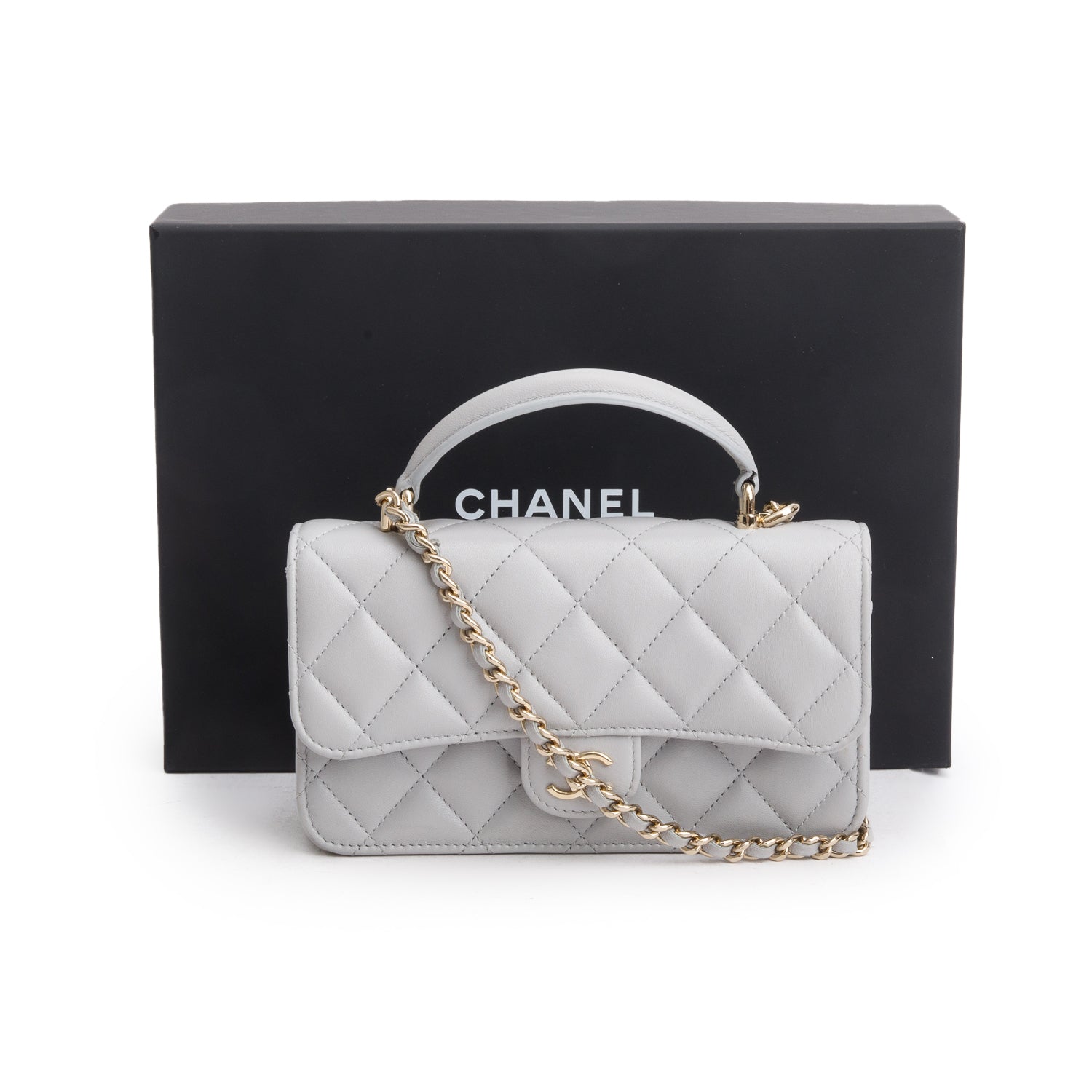 Chanel 2025 Grey Lambskin Quilted Flap Phone Holder with Chain w/ Box & Receipt