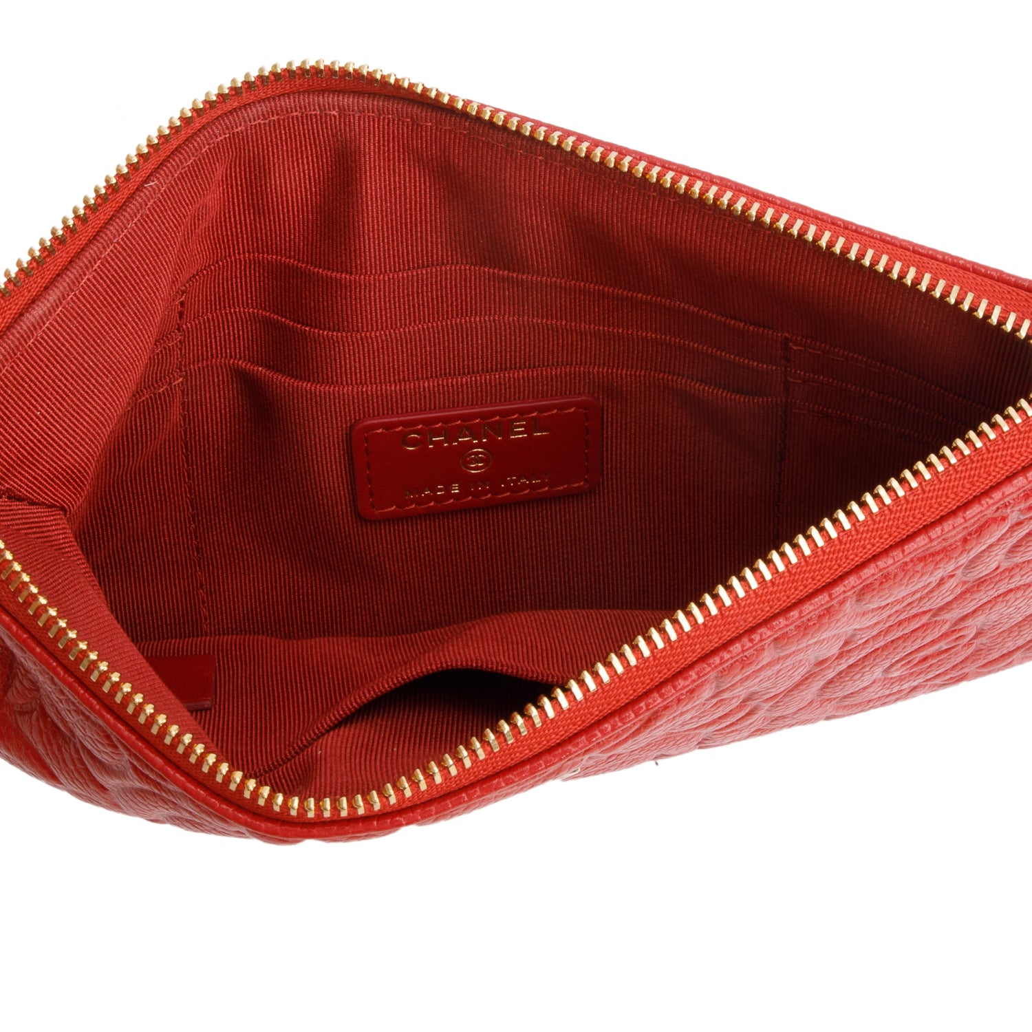 Chanel Red Caviar Camellia Embossed O-Case w/ Box & Authenticity Card