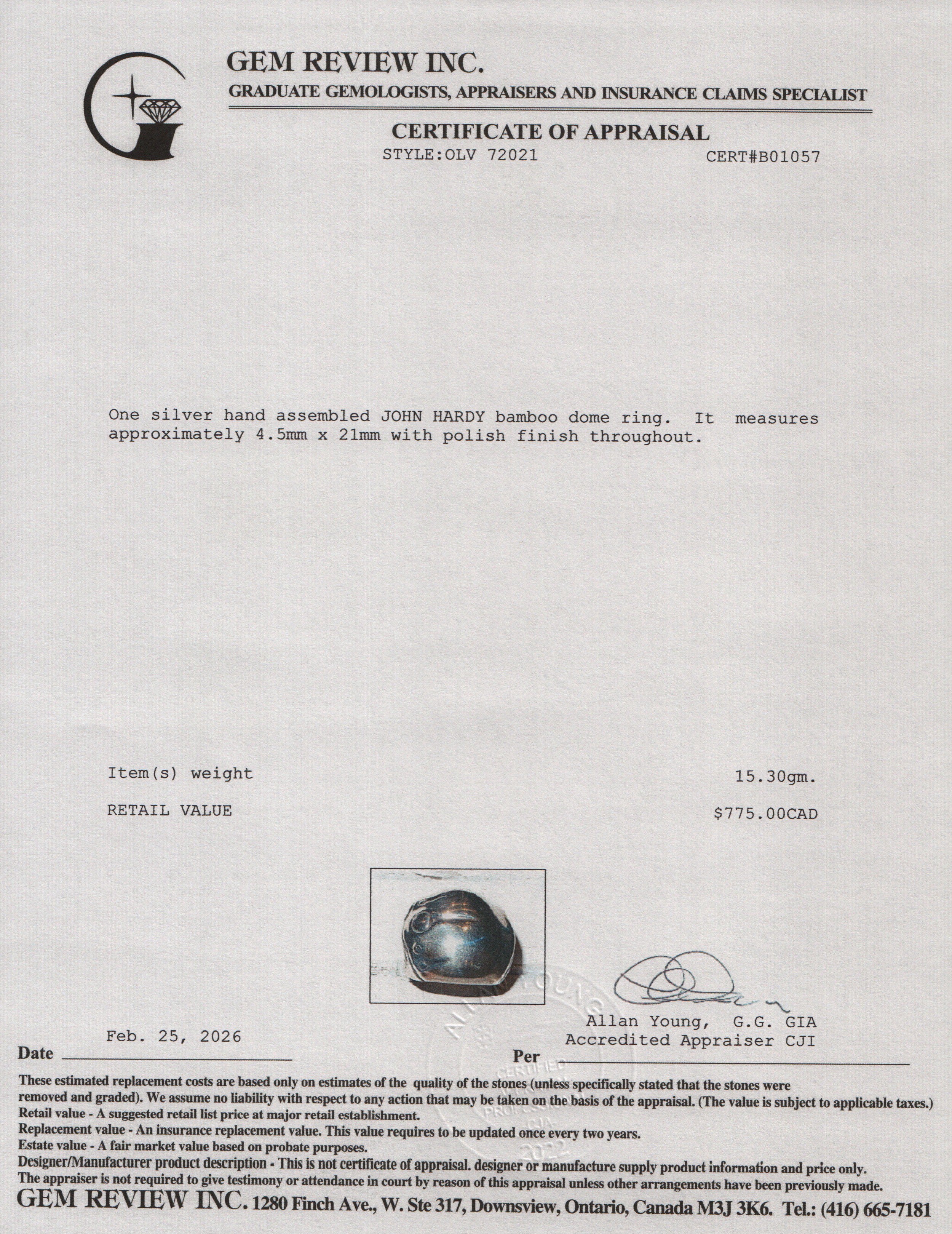 John Hardy Sterling Silver Bamboo Dome Ring, Size 7.25