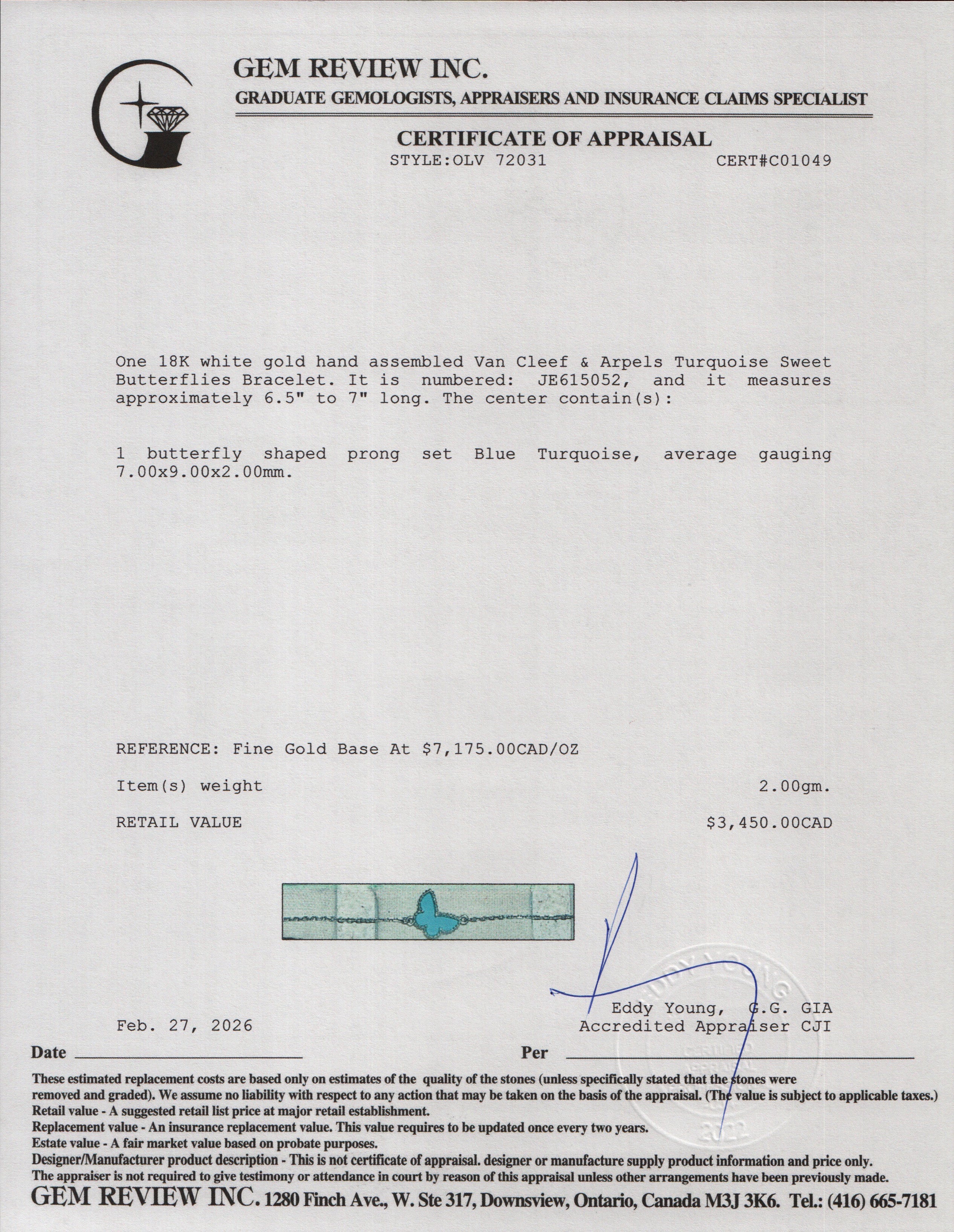 Van Cleef & Arpels 18k White Gold Turquoise Sweet Butterflies Bracelet w/ Certificate