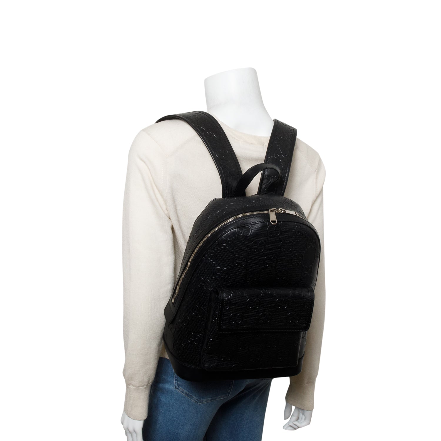 Gucci Black Embossed GG Jumbo Leather Backpack w/ Box