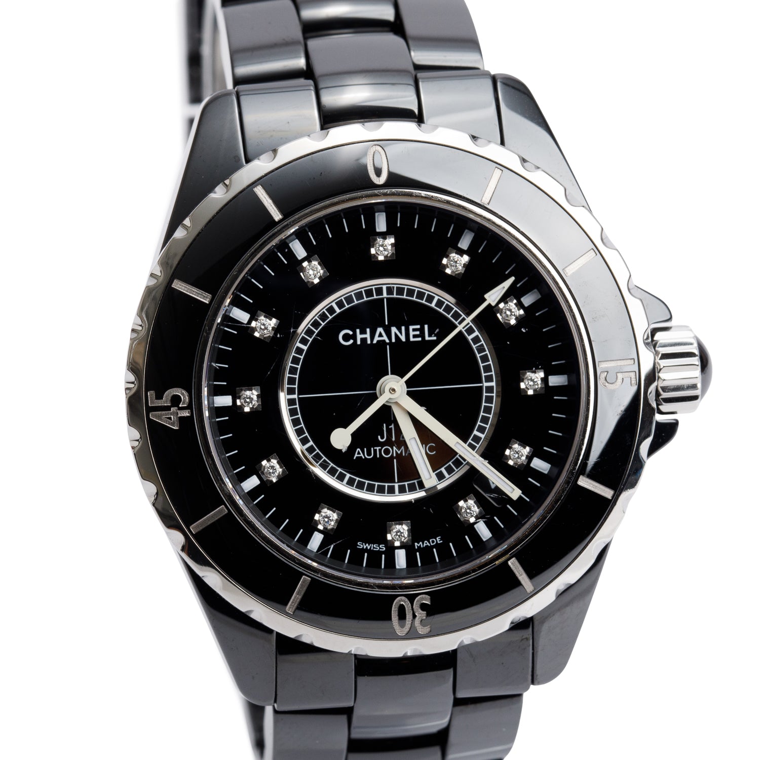 Chanel Black Ceramic J12 39 MM Automatic Watch Diamond Dial