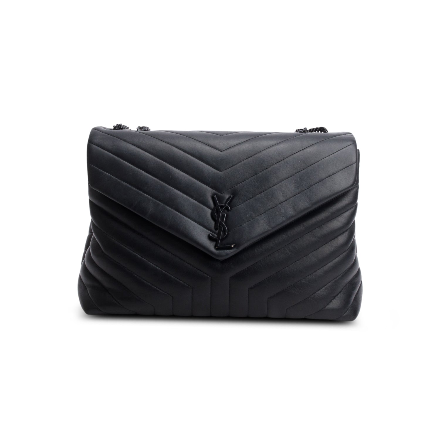 Saint Laurent 2022 Black Calfskin Y Quilted Monogram Monochrome Large Loulou Chain Satchel