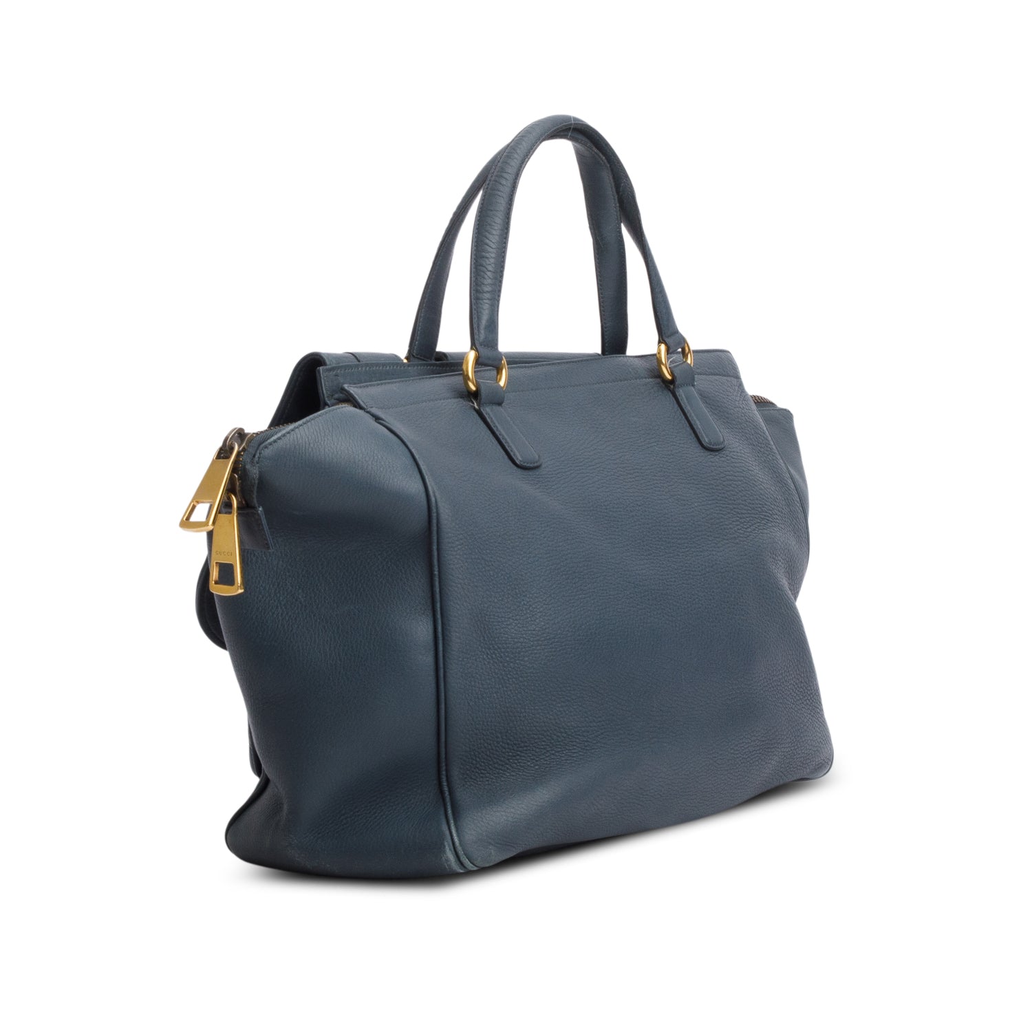 Gucci Blue Pebbled Calfskin 1973 Medium Top Handle Bag