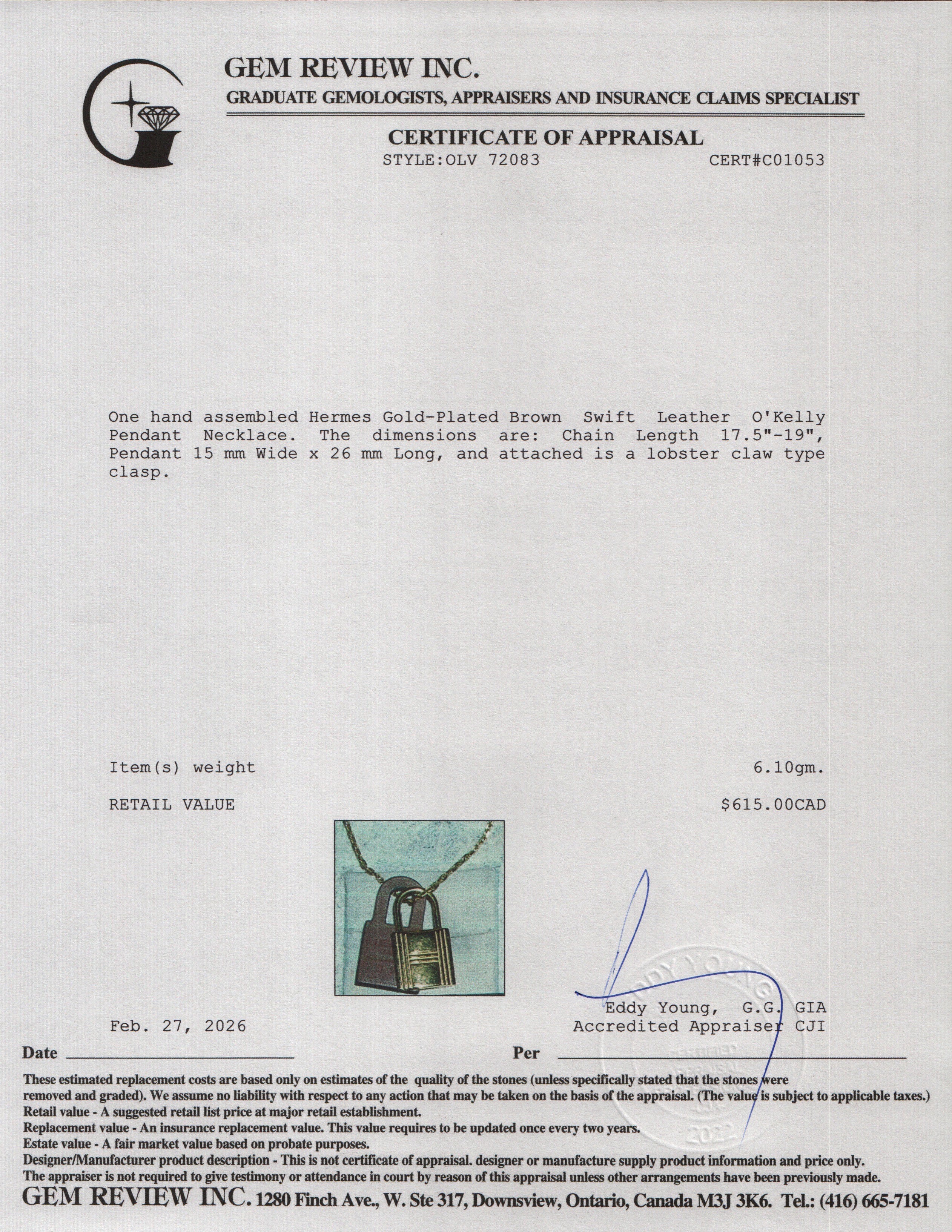 Hermes Gold-Plated Brown Swift Leather O'Kelly Pendant Necklace