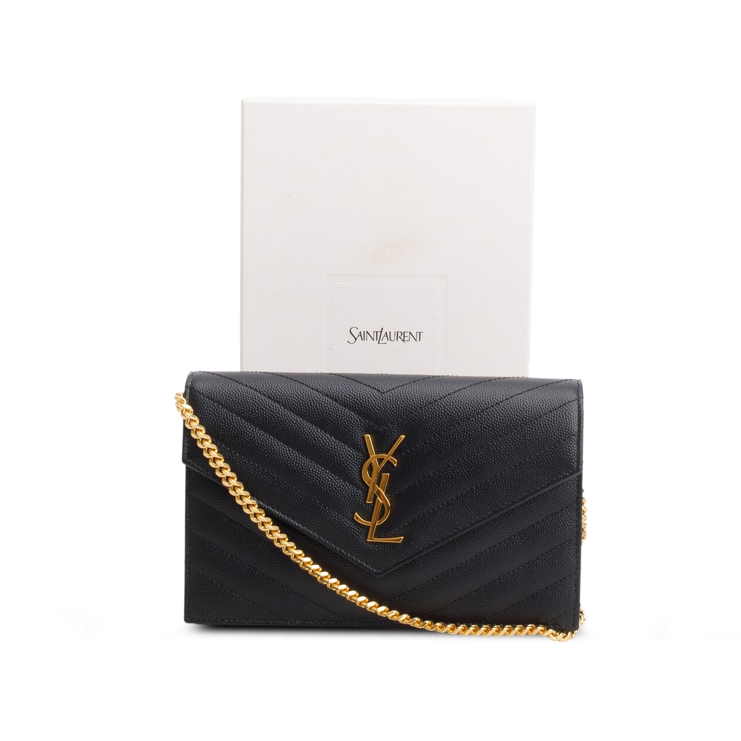 Saint Laurent 2025 Black Grain de Poudre Matelasse Chevron Monogram Cassandre Envelope Chain Wallet w/ Box & Receipt