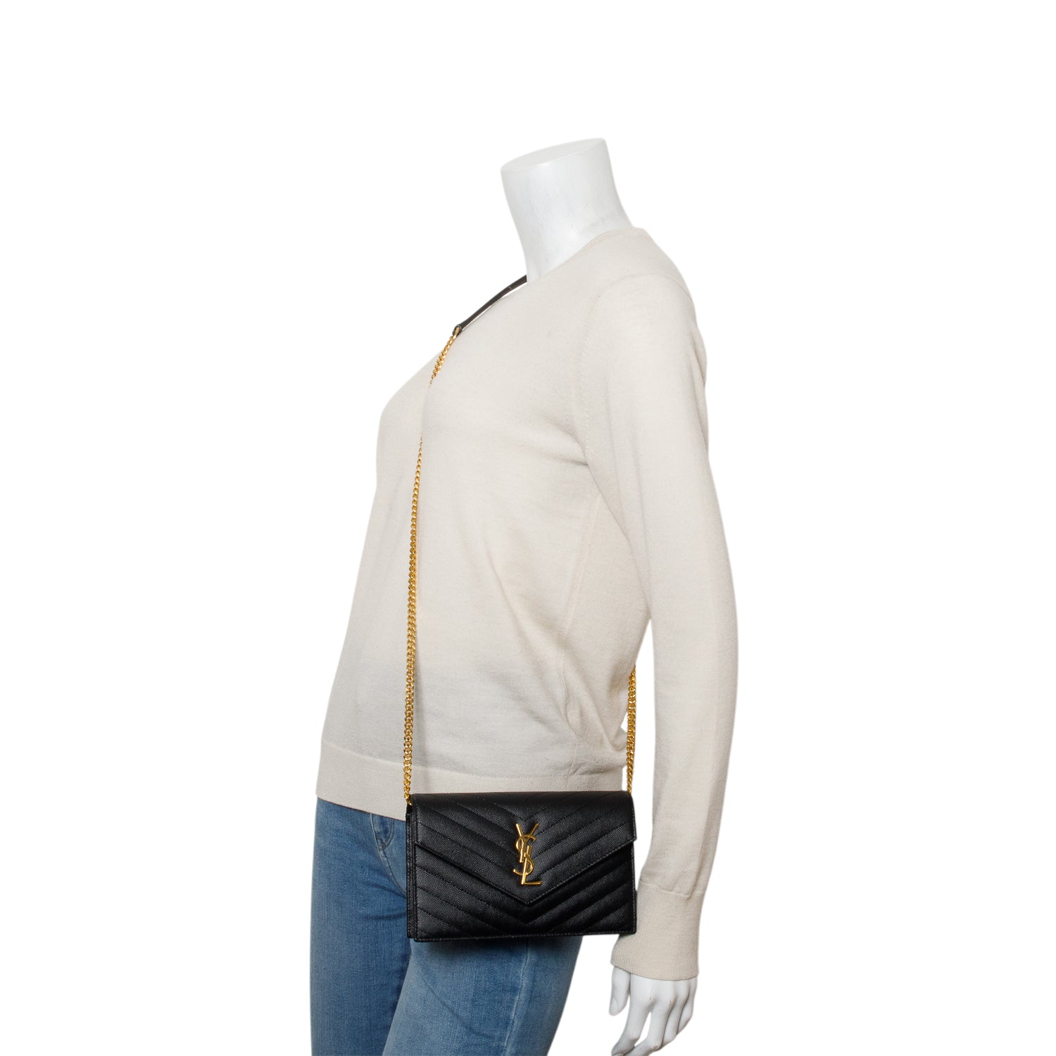 Saint Laurent 2025 Black Grain de Poudre Matelasse Chevron Monogram Cassandre Envelope Chain Wallet w/ Box & Receipt