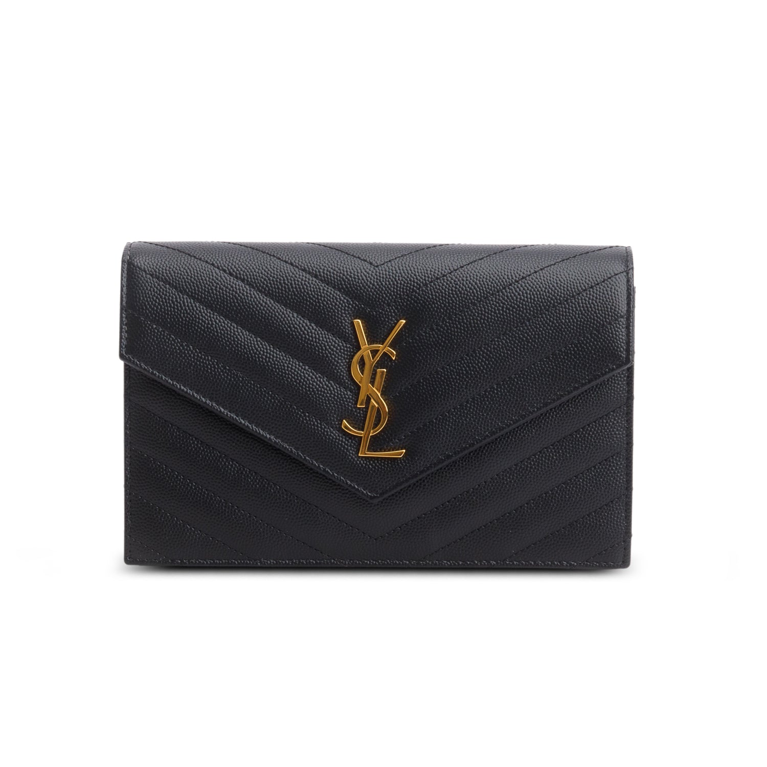 Saint Laurent 2025 Black Grain de Poudre Matelasse Chevron Monogram Cassandre Envelope Chain Wallet w/ Box & Receipt