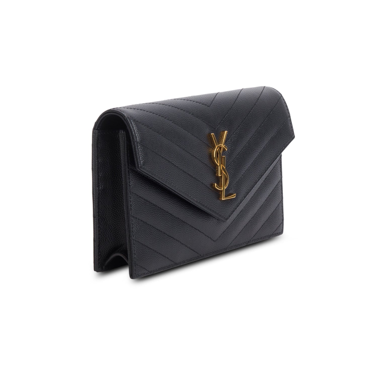 Saint Laurent 2025 Black Grain de Poudre Matelasse Chevron Monogram Cassandre Envelope Chain Wallet w/ Box & Receipt