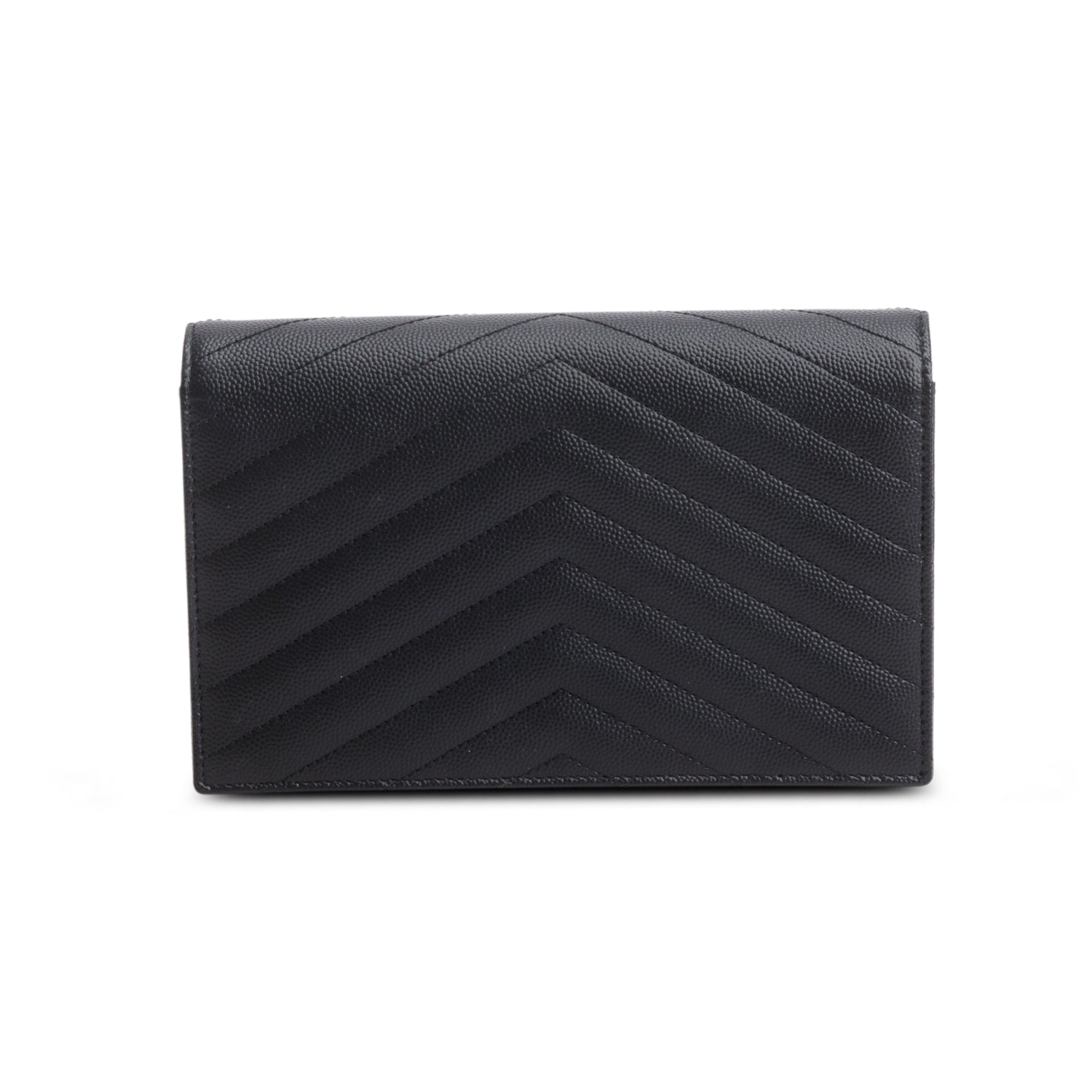 Saint Laurent 2025 Black Grain de Poudre Matelasse Chevron Monogram Cassandre Envelope Chain Wallet w/ Box & Receipt