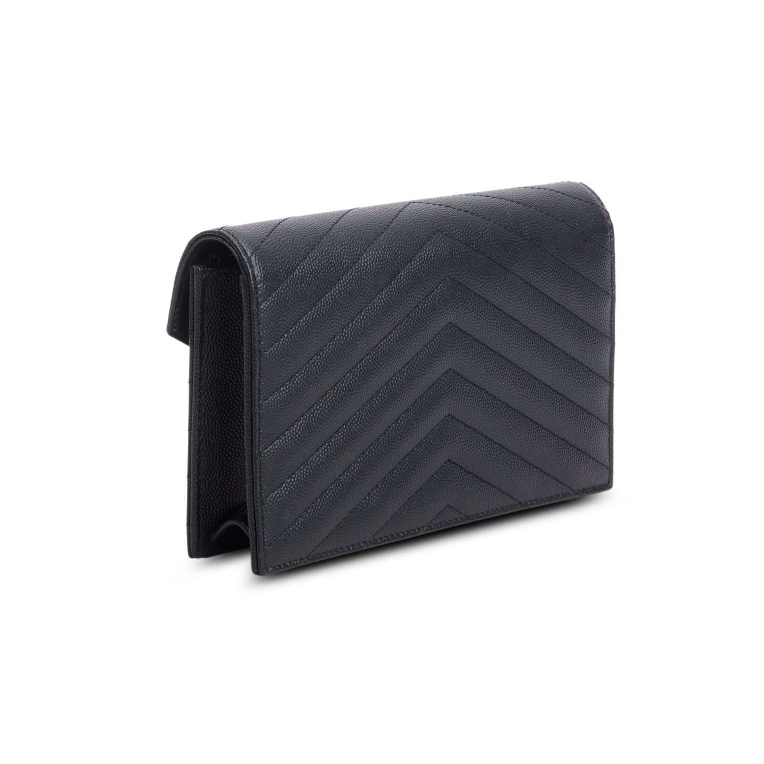 Saint Laurent 2025 Black Grain de Poudre Matelasse Chevron Monogram Cassandre Envelope Chain Wallet w/ Box & Receipt