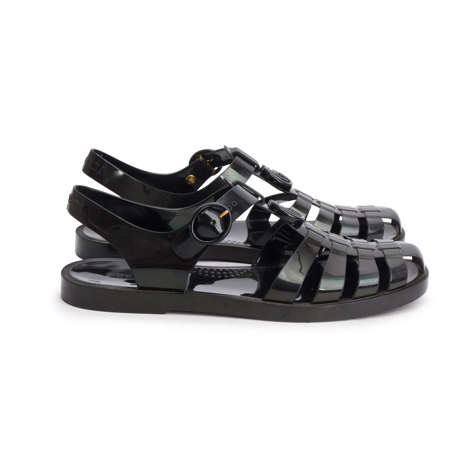 Gucci Black Shiny Rubber Double G Buckle Strap Sandals, Men's Size 11 w/ Box