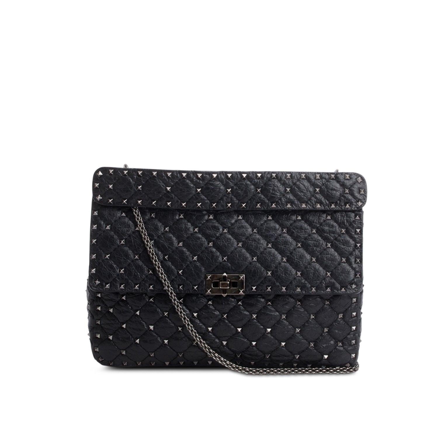 Valentino Black Craquele Nappa Large Rockstud Spike Shoulder Bag