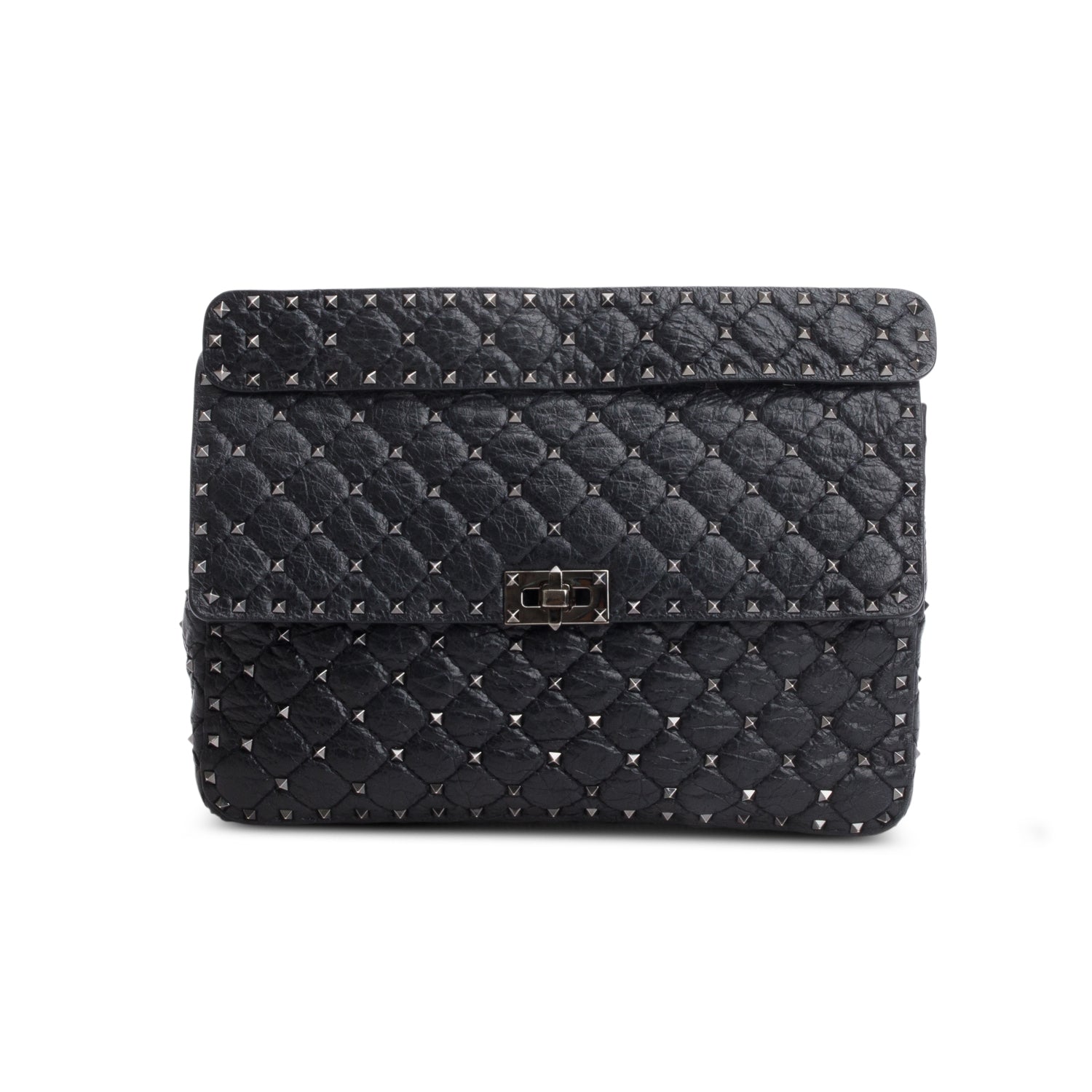 Valentino Black Craquele Nappa Large Rockstud Spike Shoulder Bag