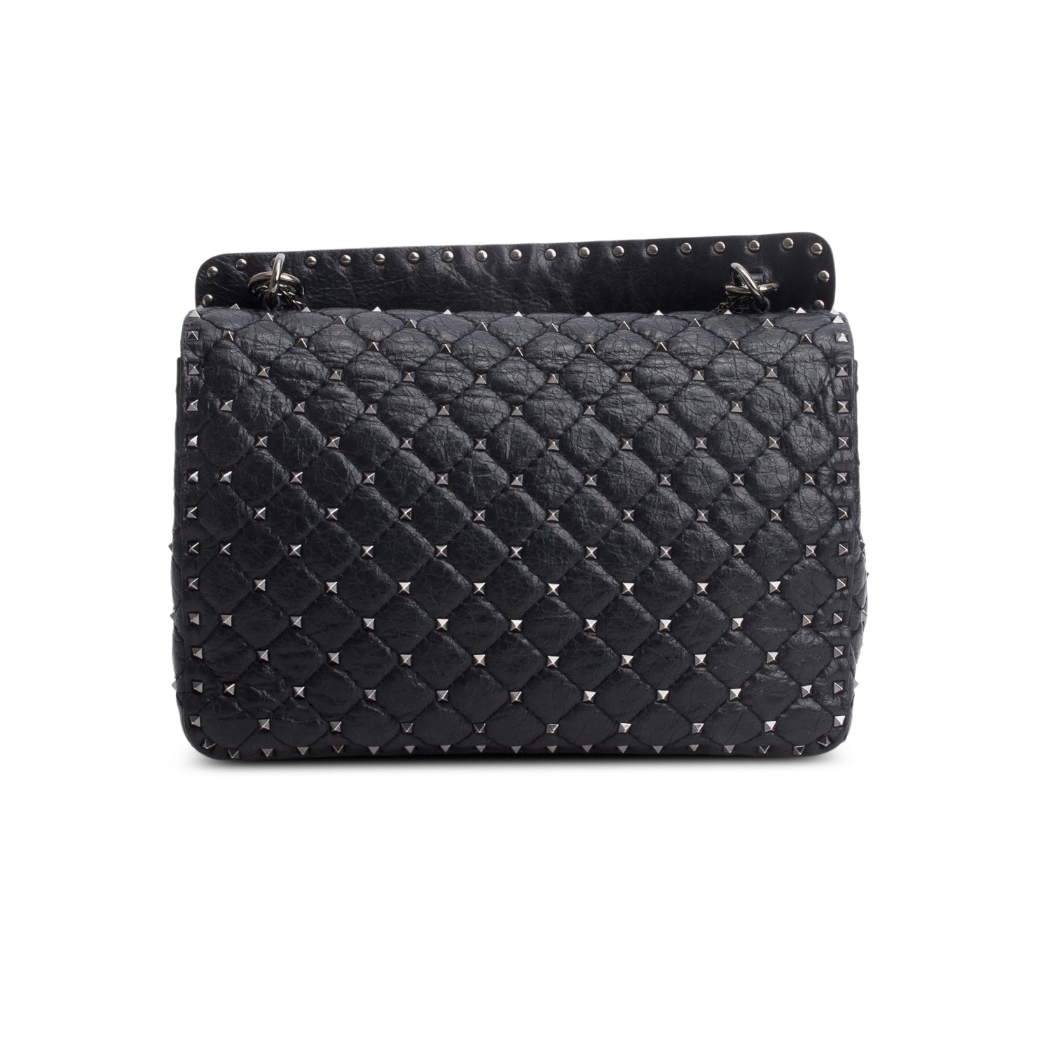 Valentino Black Craquele Nappa Large Rockstud Spike Shoulder Bag