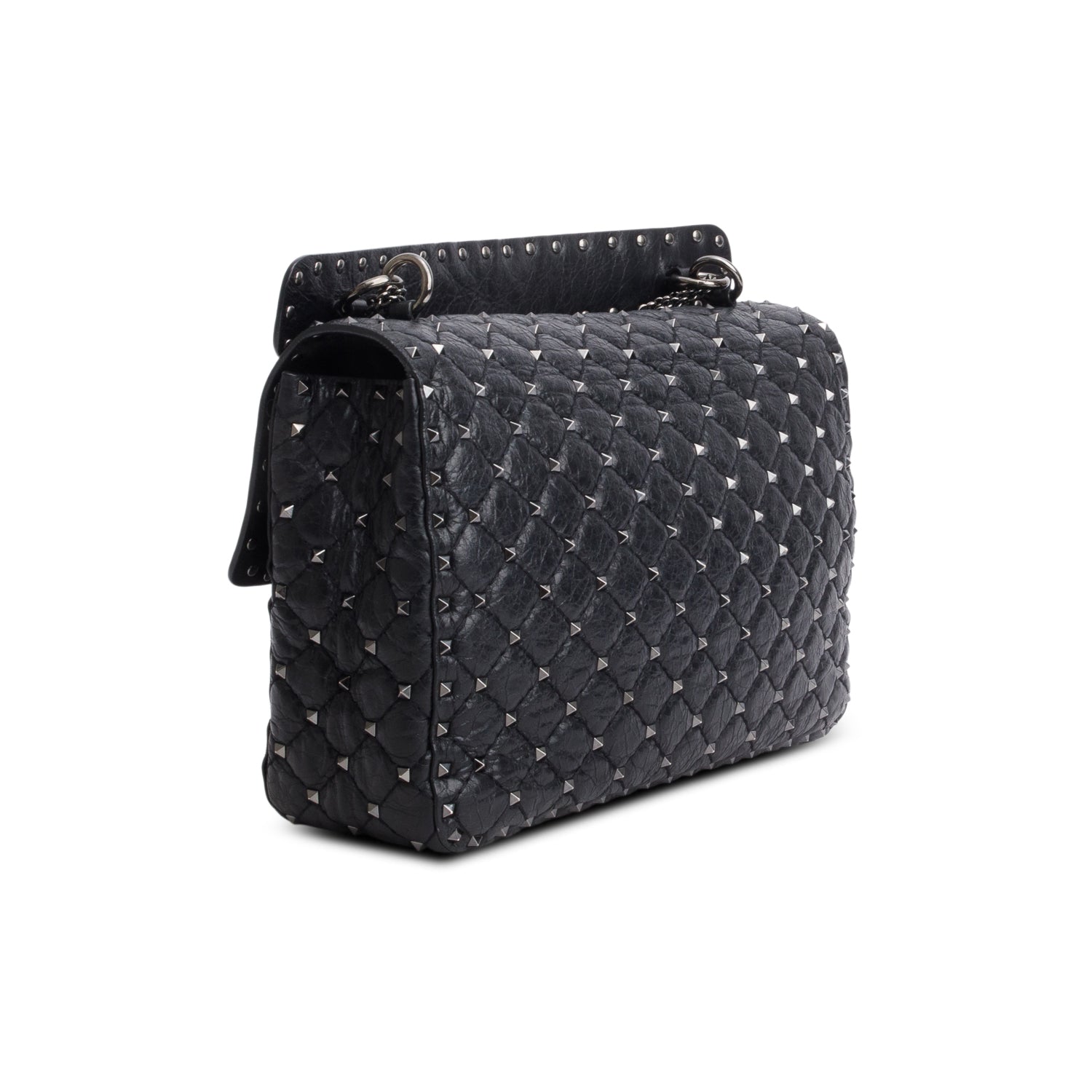 Valentino Black Craquele Nappa Large Rockstud Spike Shoulder Bag