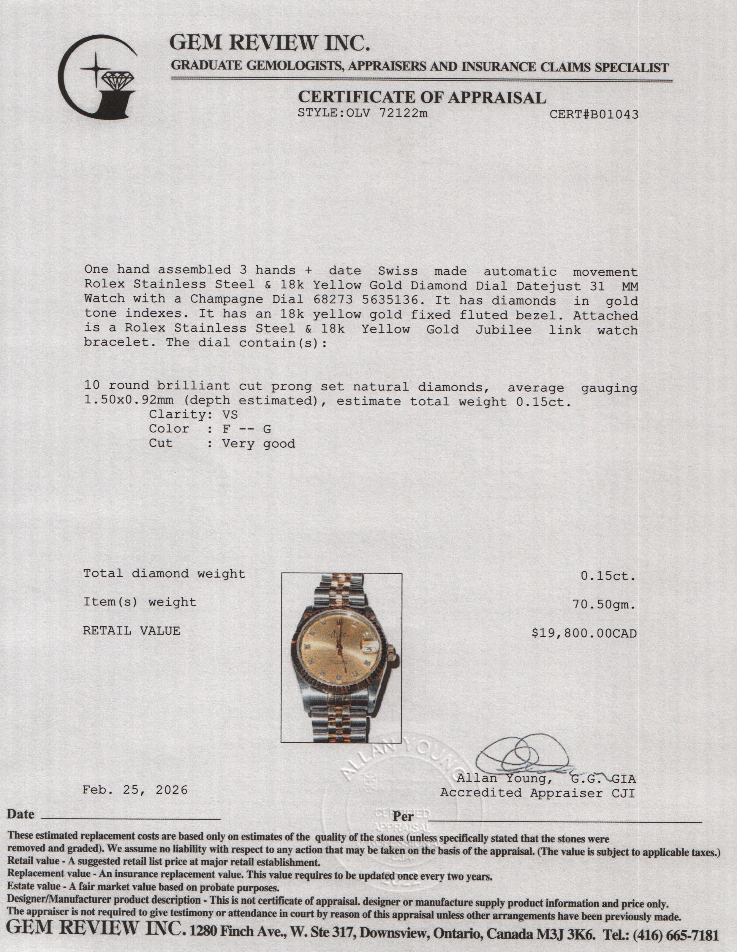 Rolex Stainless Steel & 18k Yellow Gold Diamond Dial Datejust 31 MM Watch Champagne Diamond Dial 68273