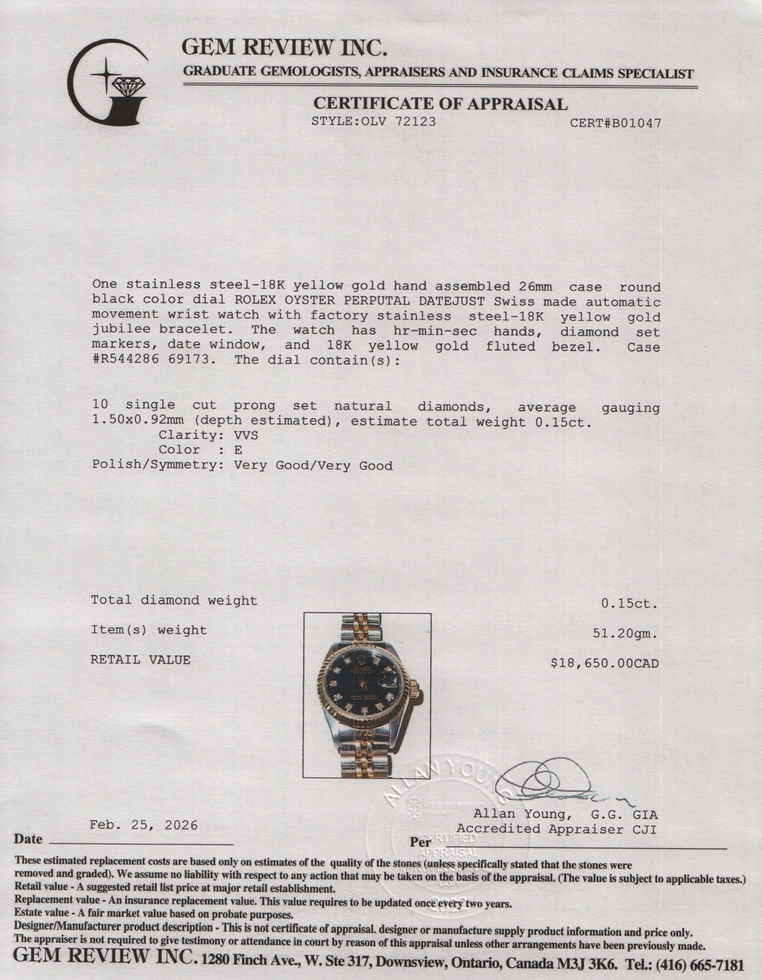 Rolex Stainless Steel & 18k Yellow Gold Datejust 26 MM Watch Black Diamond Dial 69173