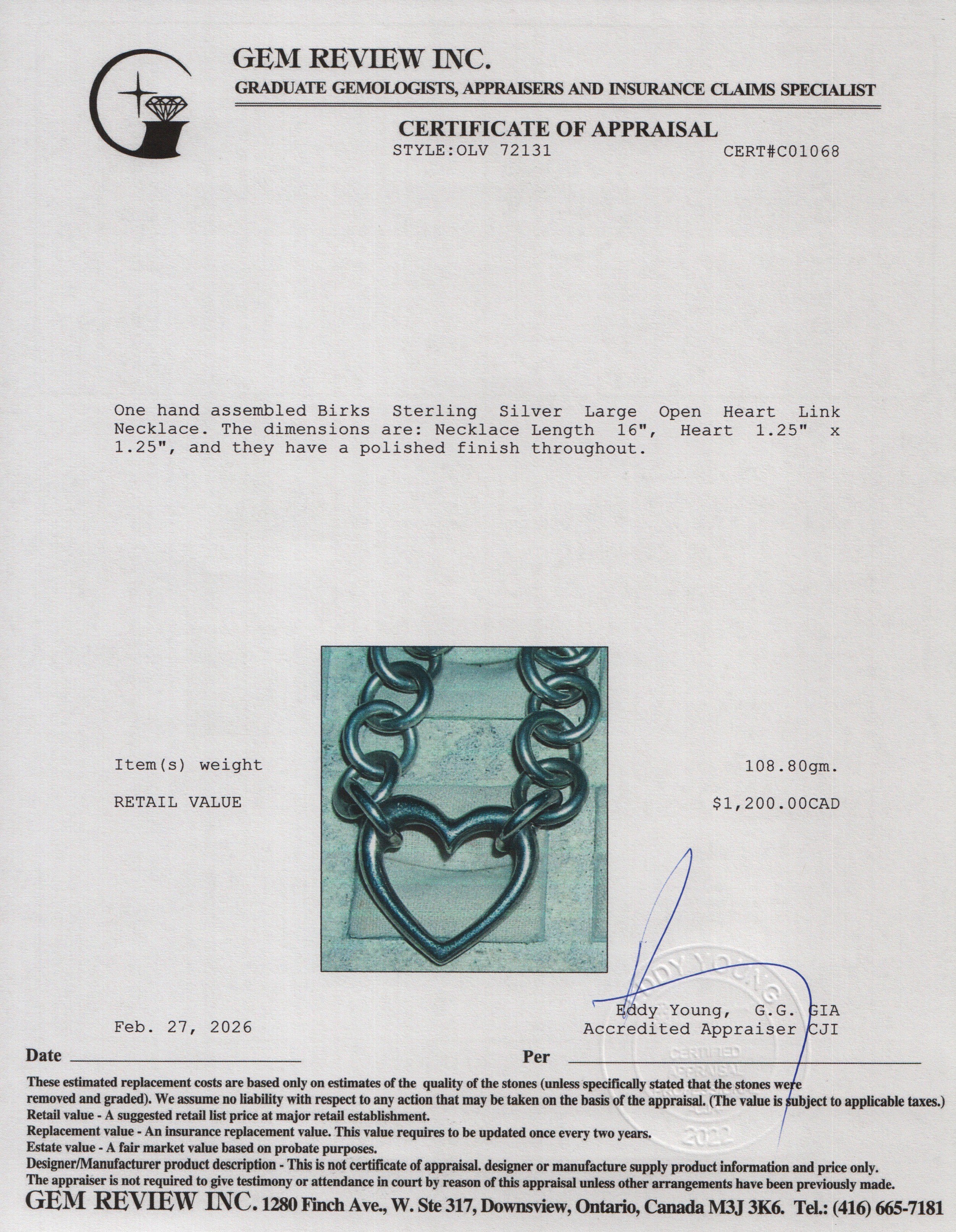 Birks Sterling Silver Large Open Heart Link Necklace