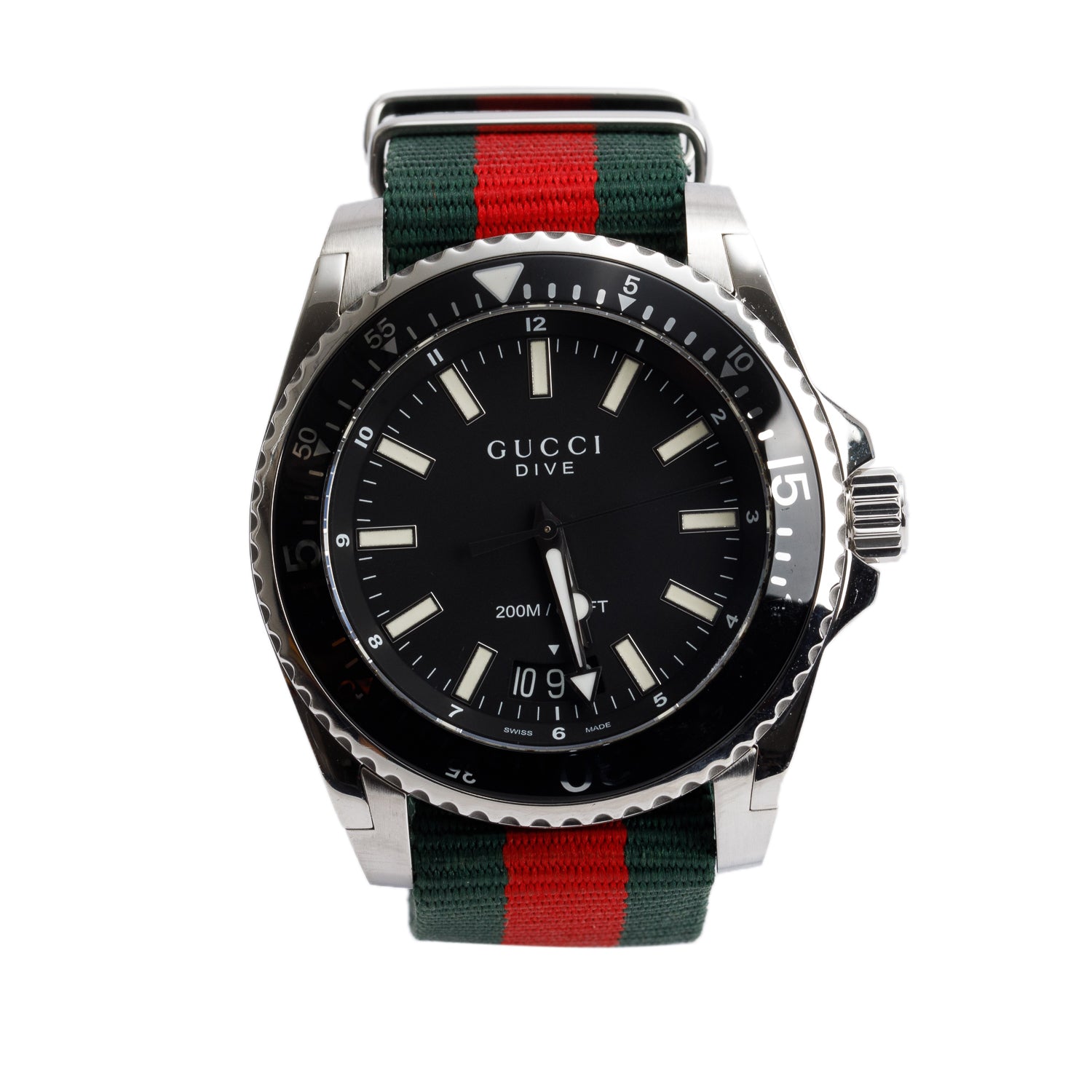 Gucci Stainless Steel Dive 45 MM Quartz Watch Green & Red Web Nylon Band YA136209