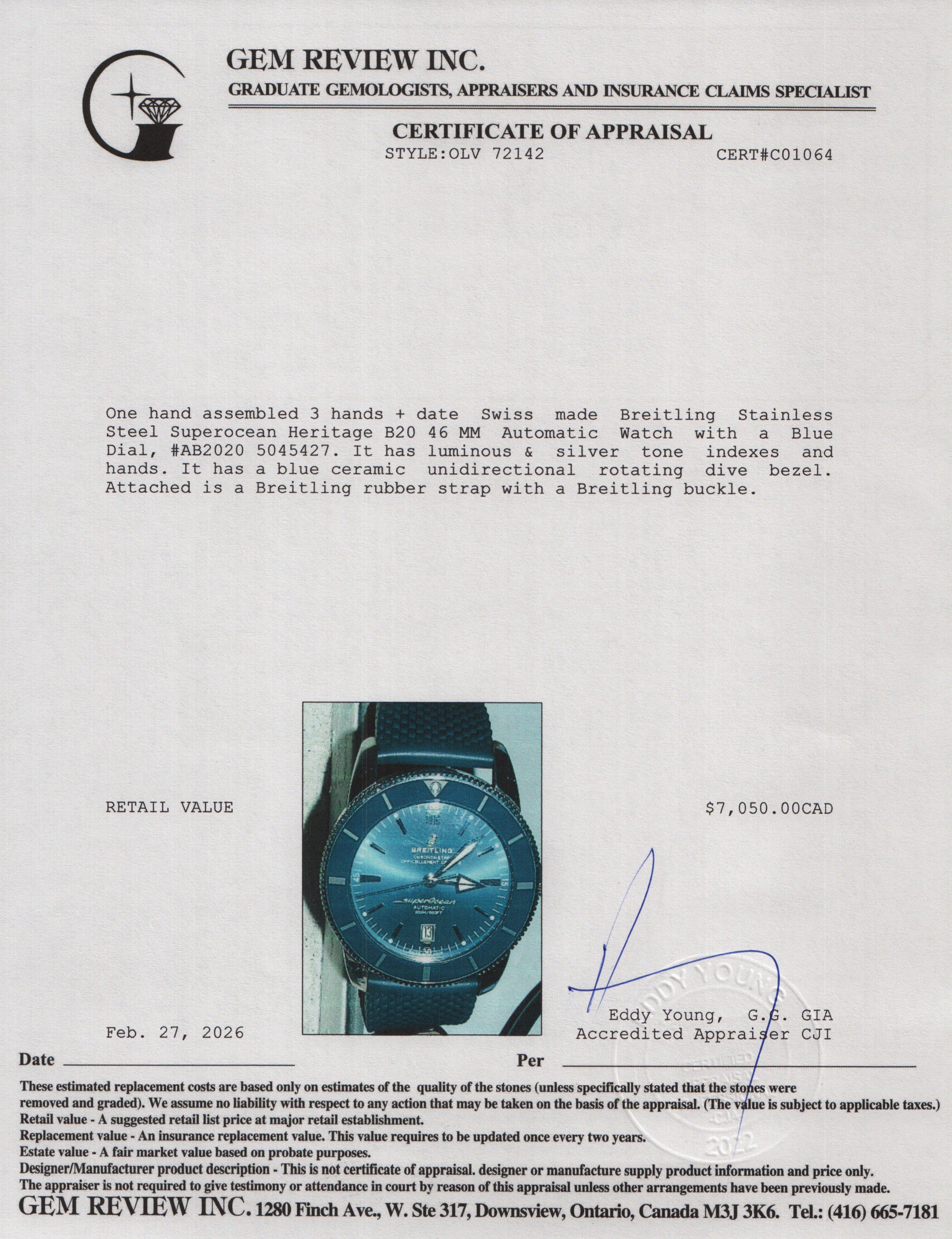 Breitling Stainless Steel Superocean Heritage B20 46 MM Automatic Watch Blue Dial AB2020 w/ Box & Papers
