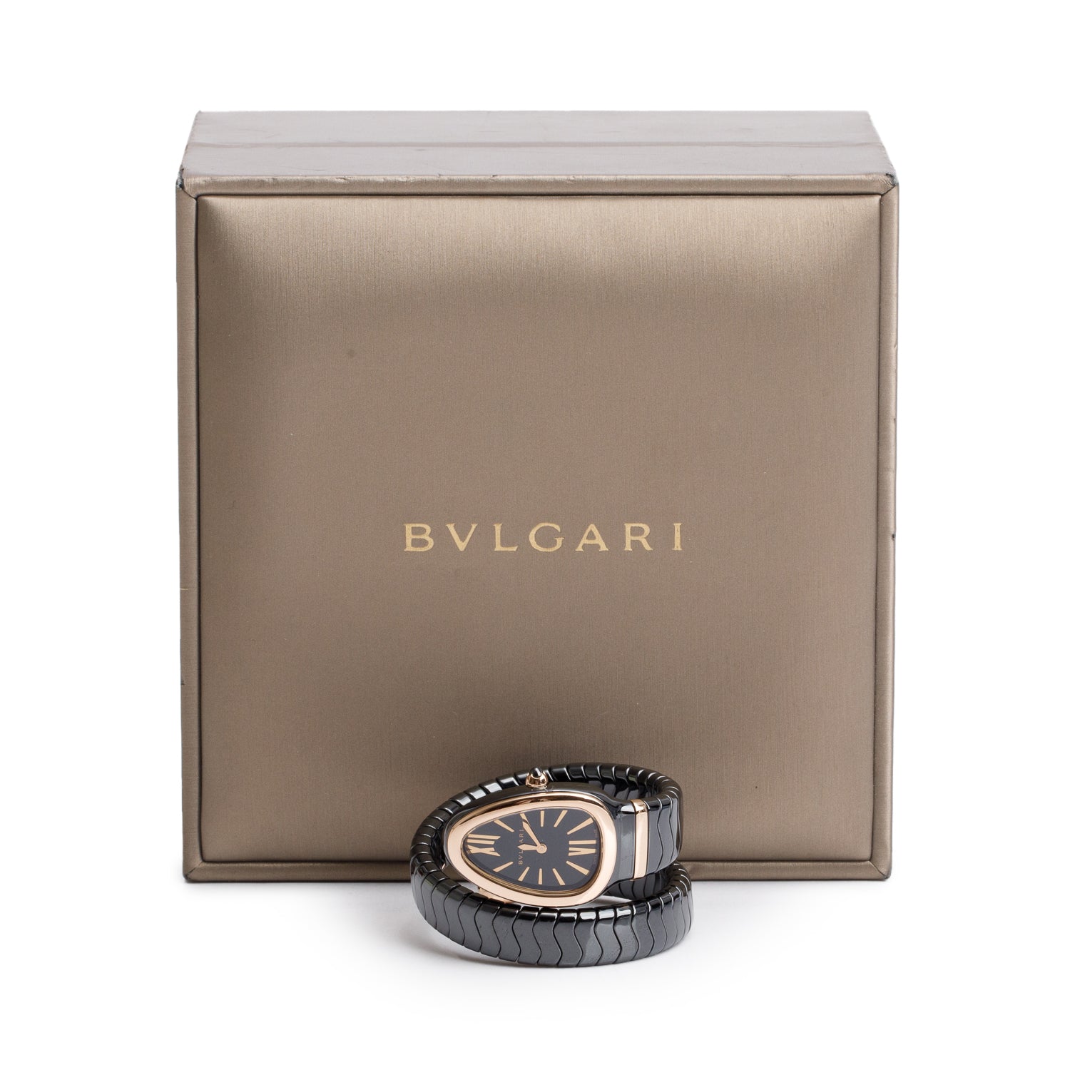 BVLGARI Black Ceramic & 18k Rose Gold Serpenti Spiga Watch w/ Box