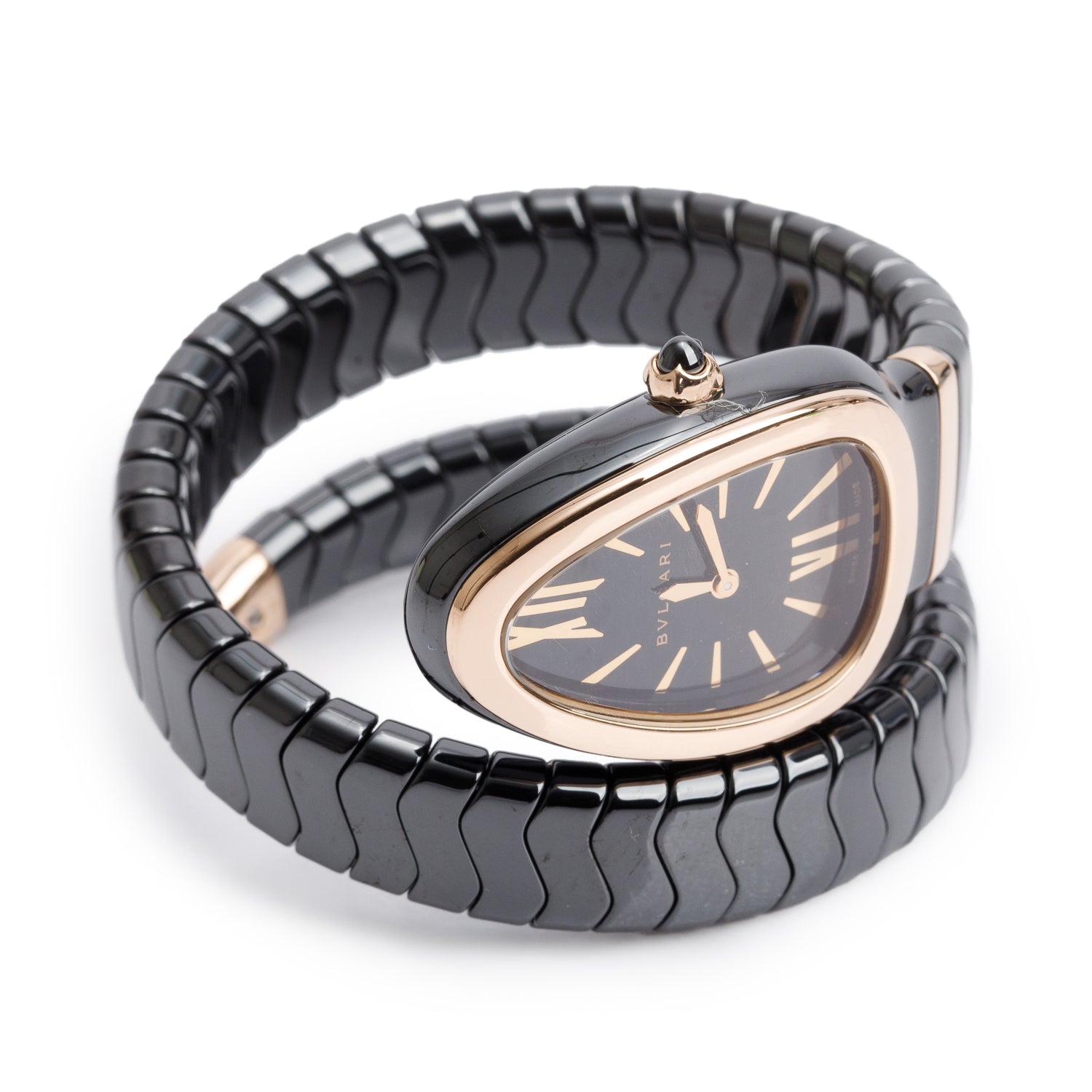 BVLGARI Black Ceramic & 18k Rose Gold Serpenti Spiga Watch w/ Box
