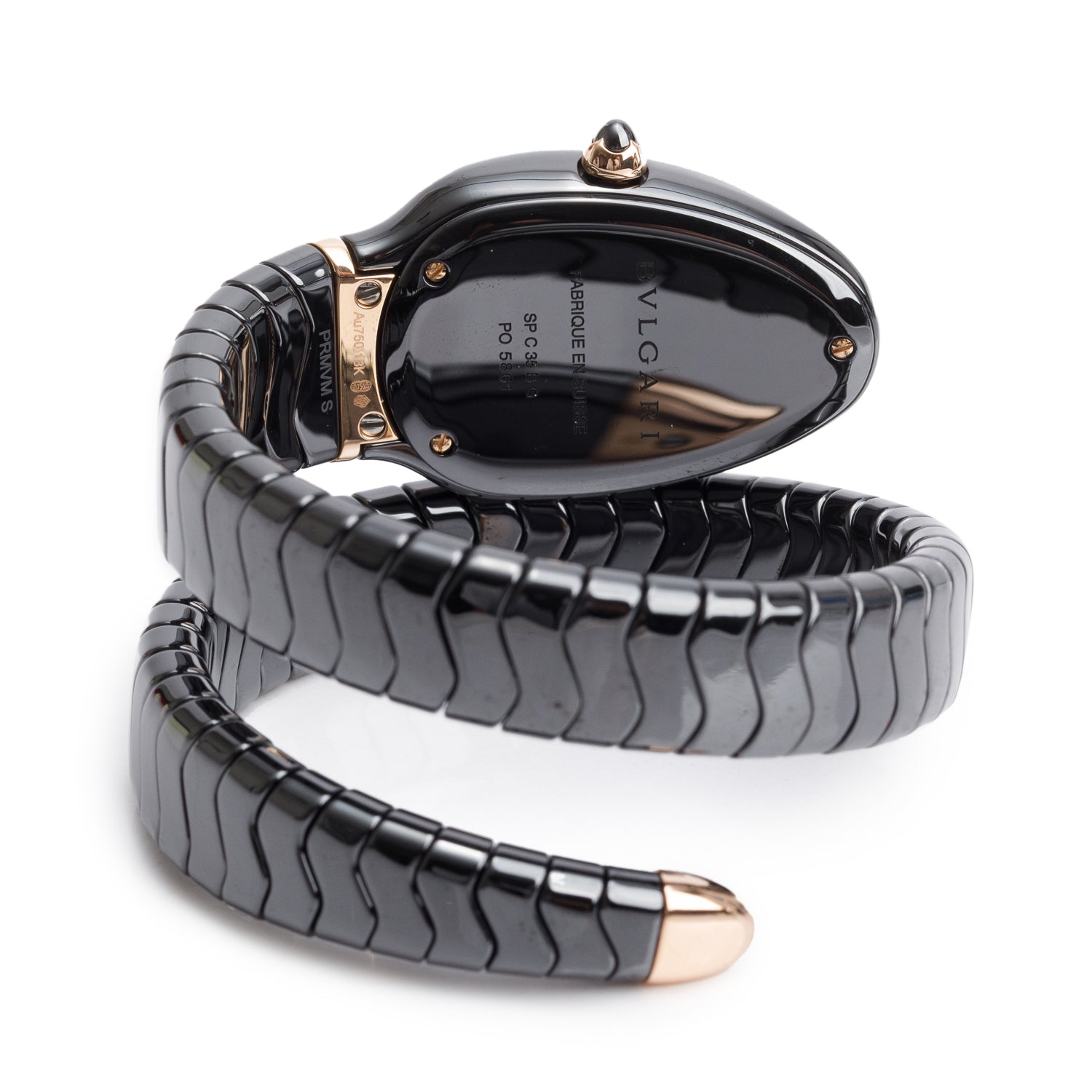 BVLGARI Black Ceramic & 18k Rose Gold Serpenti Spiga Watch w/ Box