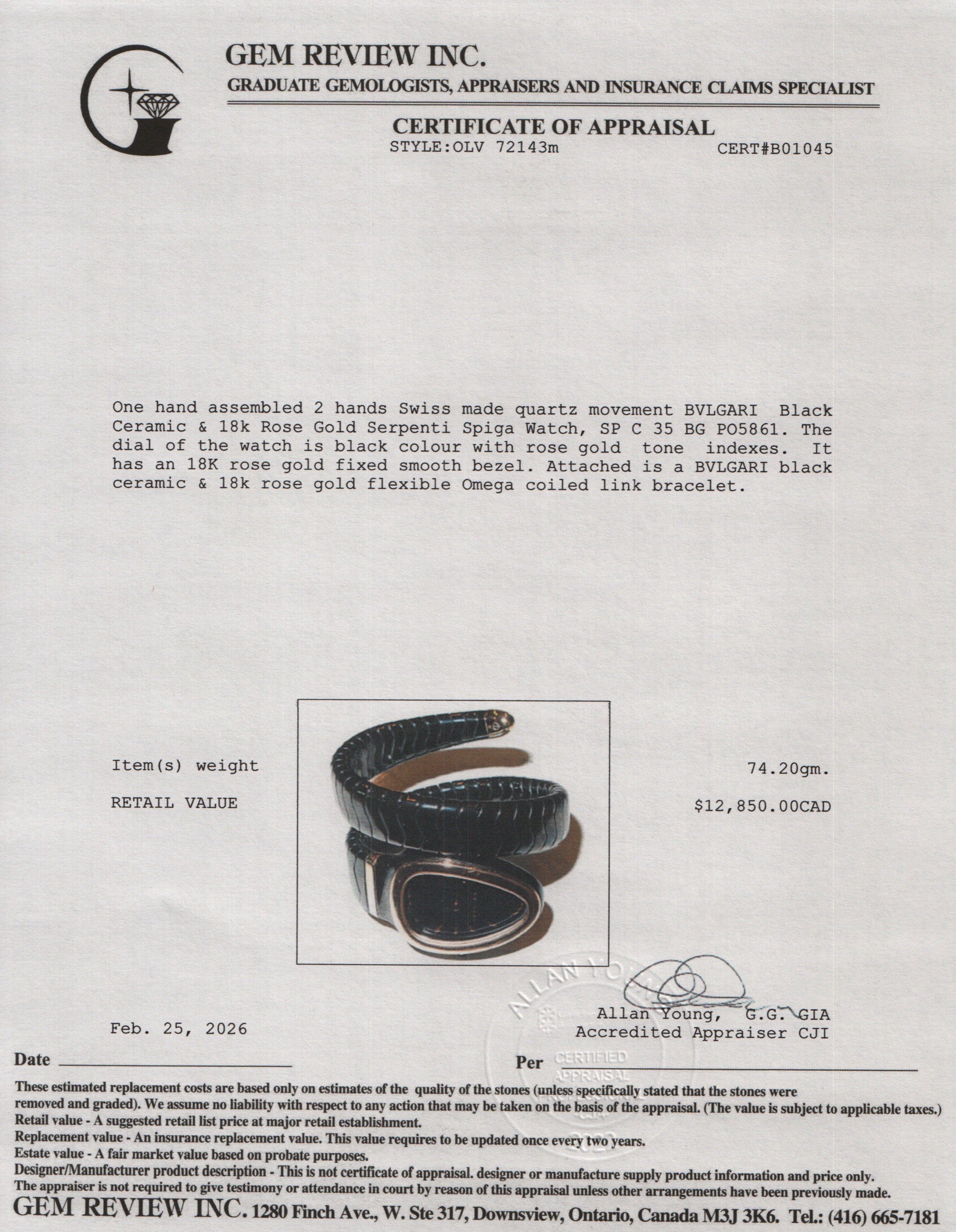 BVLGARI Black Ceramic & 18k Rose Gold Serpenti Spiga Watch w/ Box