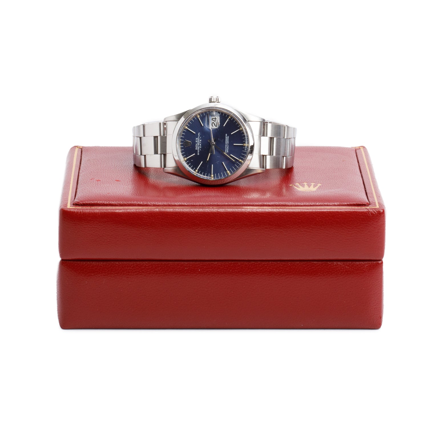 Rolex Stainless Steel Oyster Perpetual Date 34 MM Watch Blue Dial 15000 w/ Box