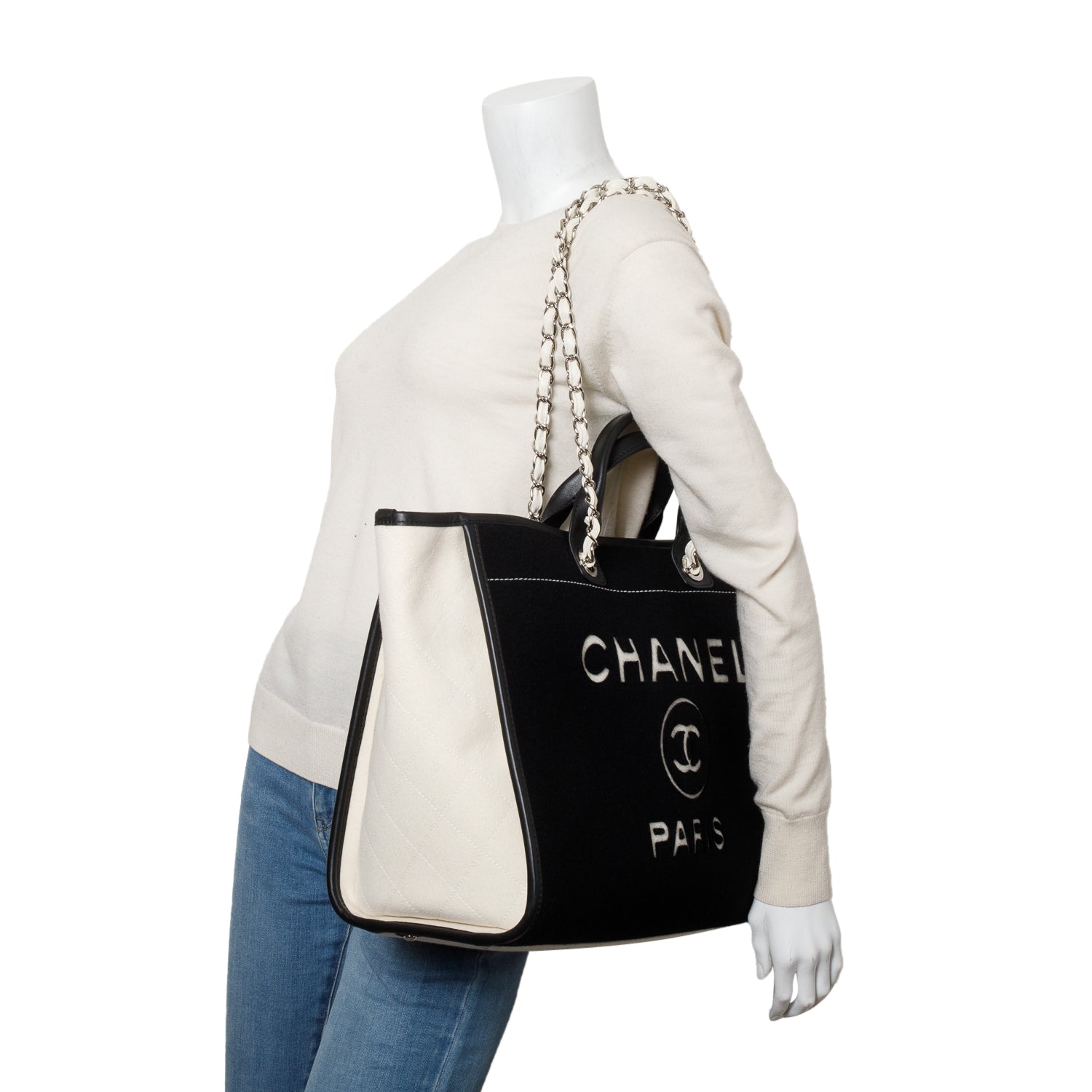 Chanel Black/White Wool Felt Large Deauville Tote w/ Receipt