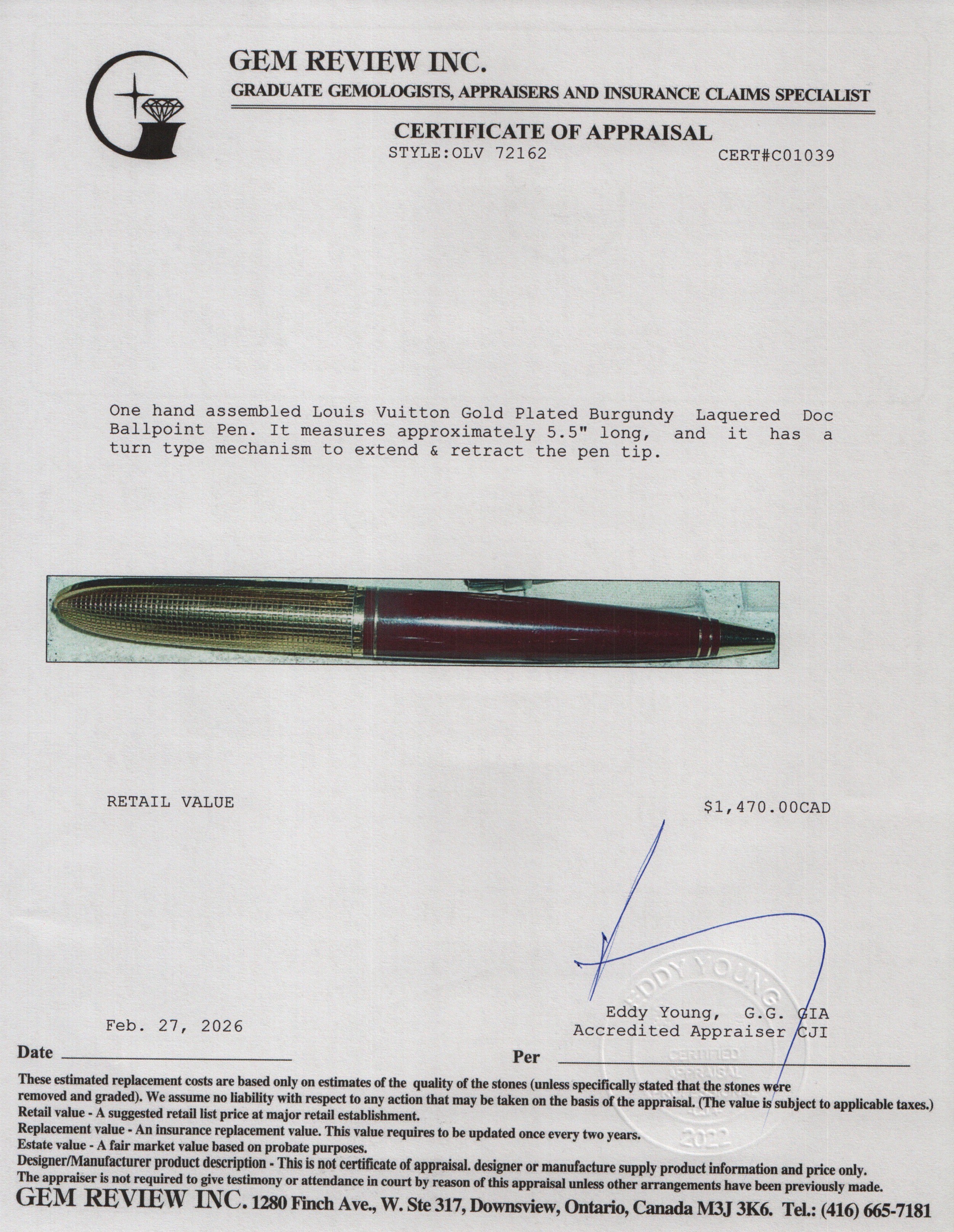 Louis Vuitton Gold Plated Burgundy Laquered Doc Ballpoint Pen w/ Box