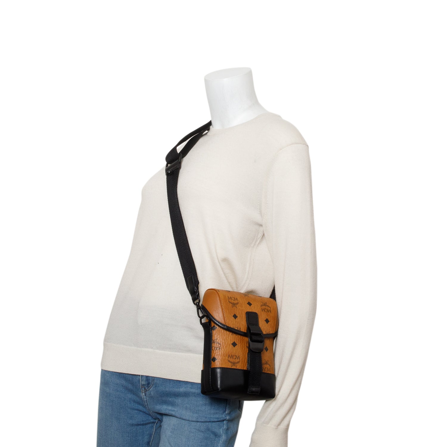 MCM Brown Visetos Portuna Heritage Logo Small Crossbody Bag
