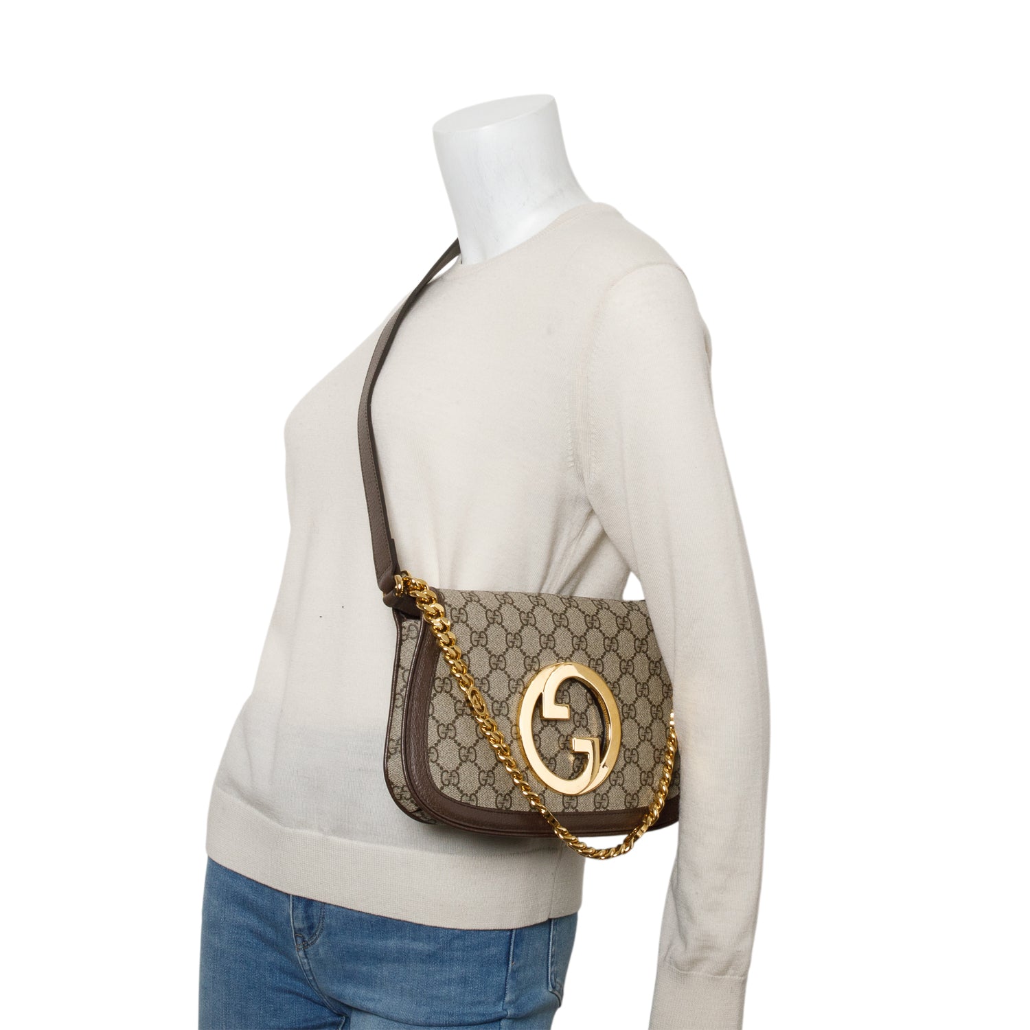 Gucci GG Supreme Monogram Textured Dollar Calfskin Blondie Chain Shoulder Flap Bag w/ Strap