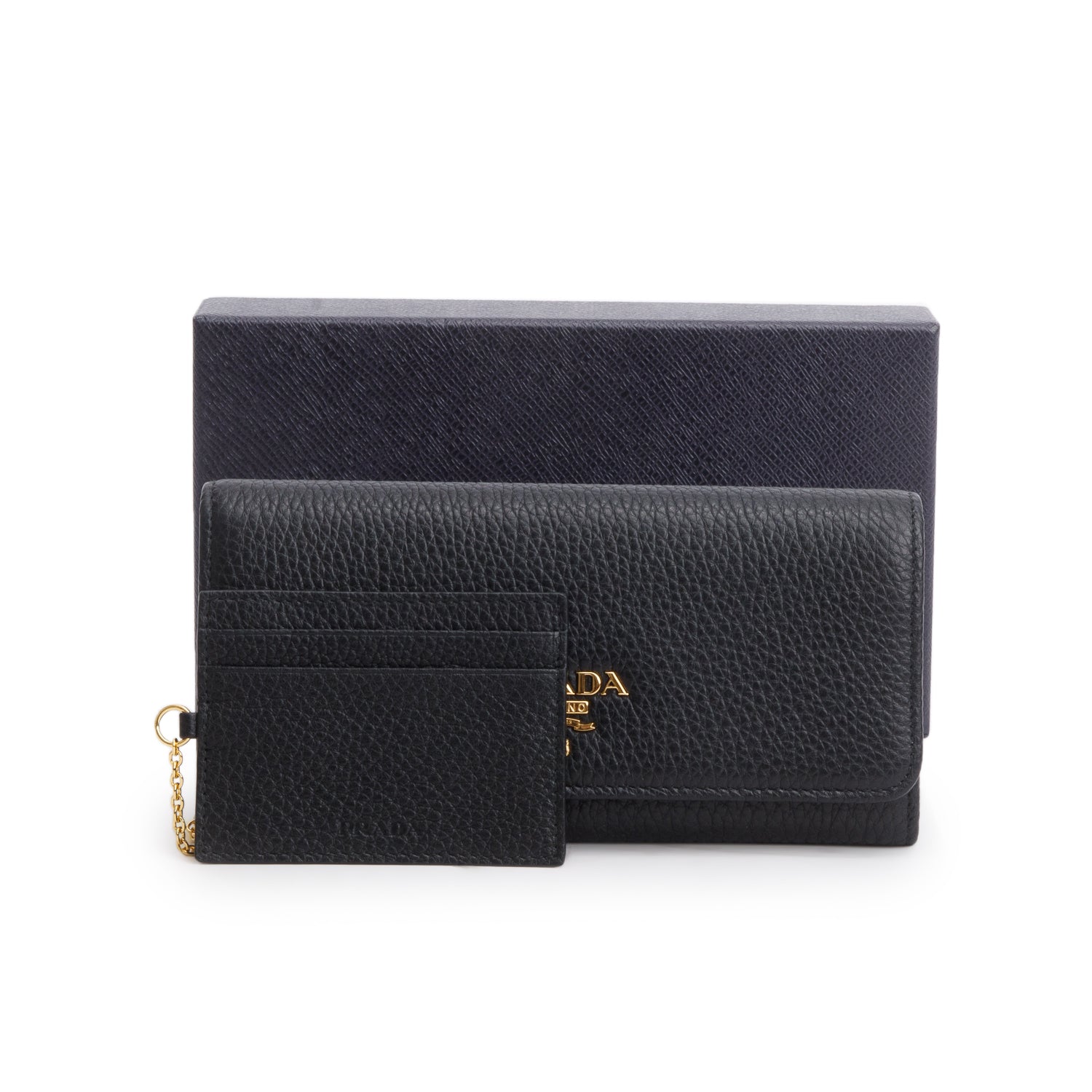 Prada Black Vitello Daino Continental Wallet w/ Box & Card Holder