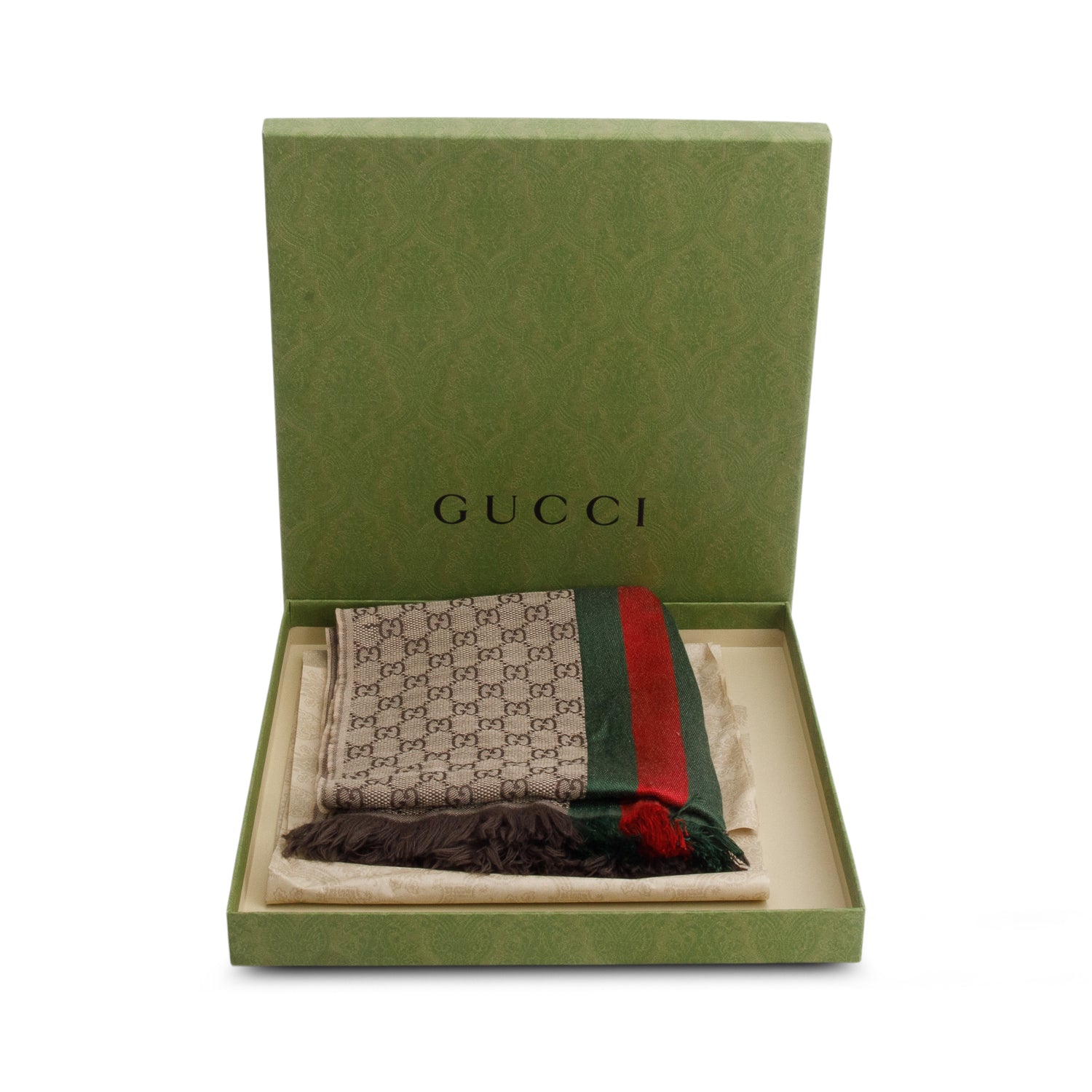 Gucci Brown GG Monogram Wool Silk Web Scarf w/ Box