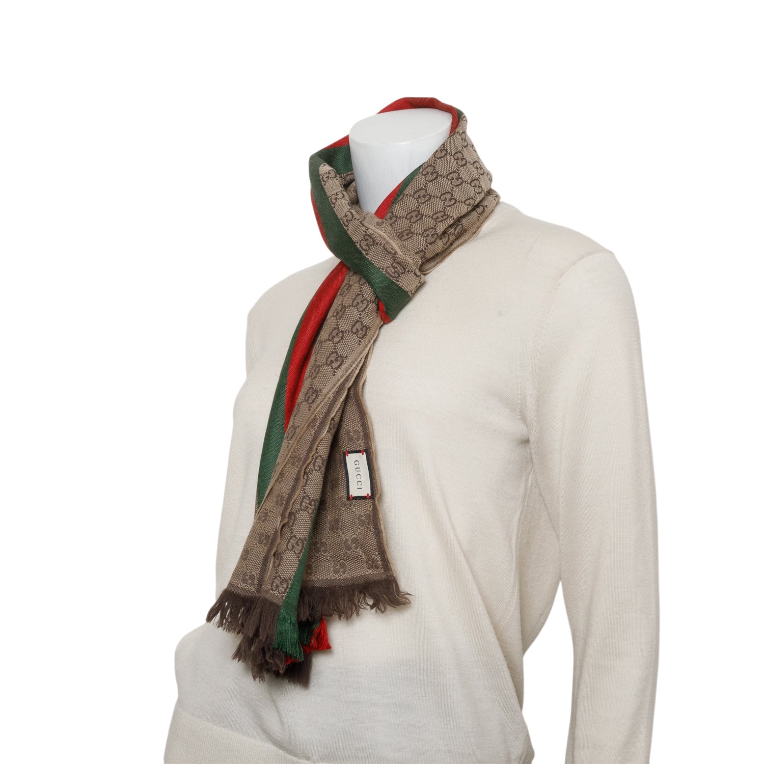 Gucci Brown GG Monogram Wool Silk Web Scarf w/ Box