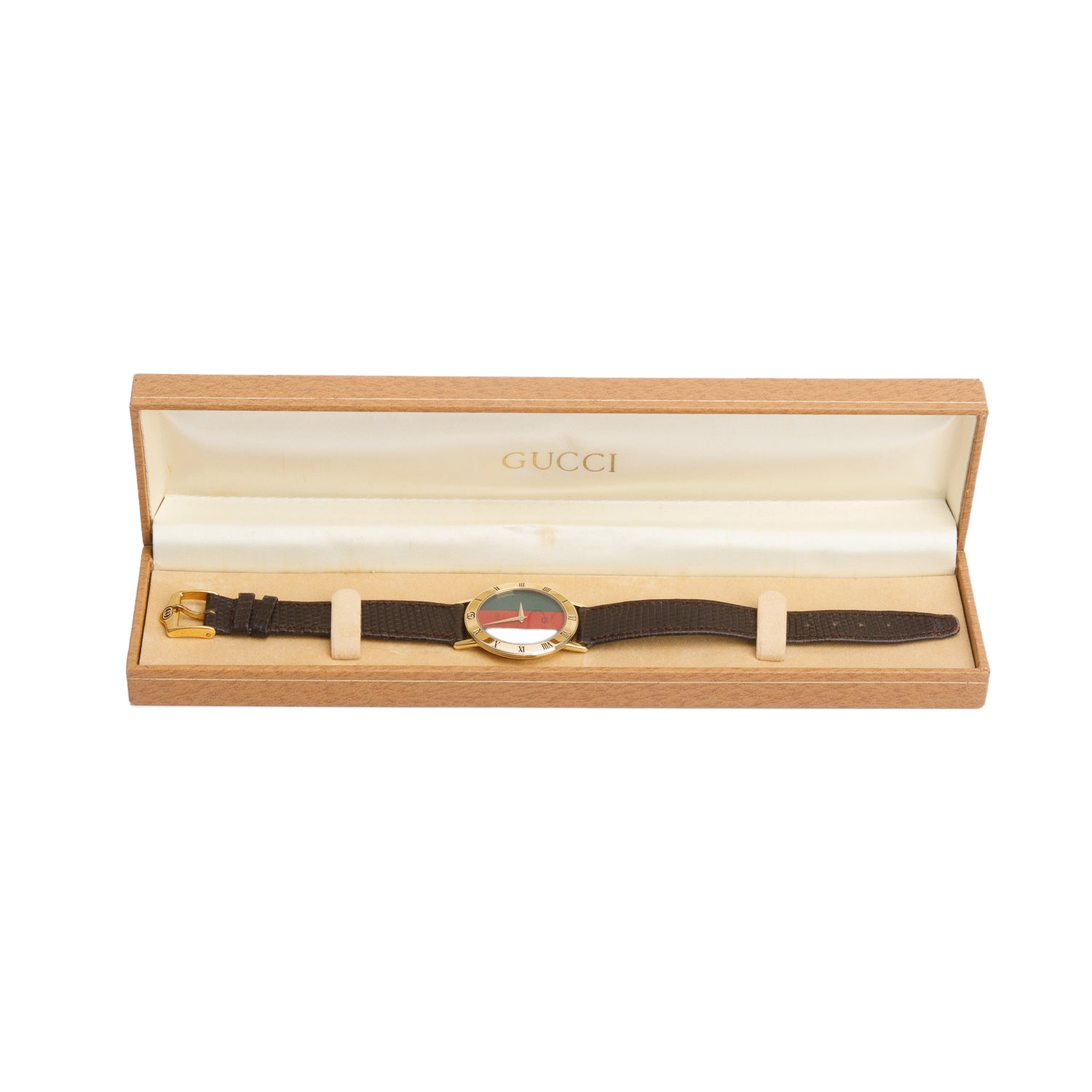 Gucci Vintage Gold Plated Stainless Steel 3001M Series 33 MM Quartz Watch Green & Red Web Dial w/ Box