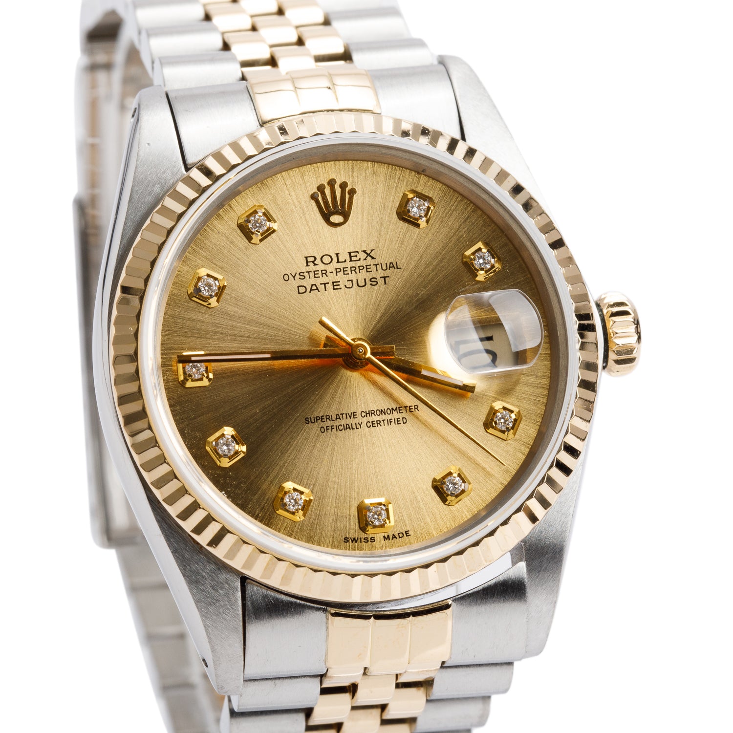 Rolex Stainless Steel & 18k Yellow Gold Datejust 36 MM Watch Champagne Diamond Dial 16013 w/ Papers