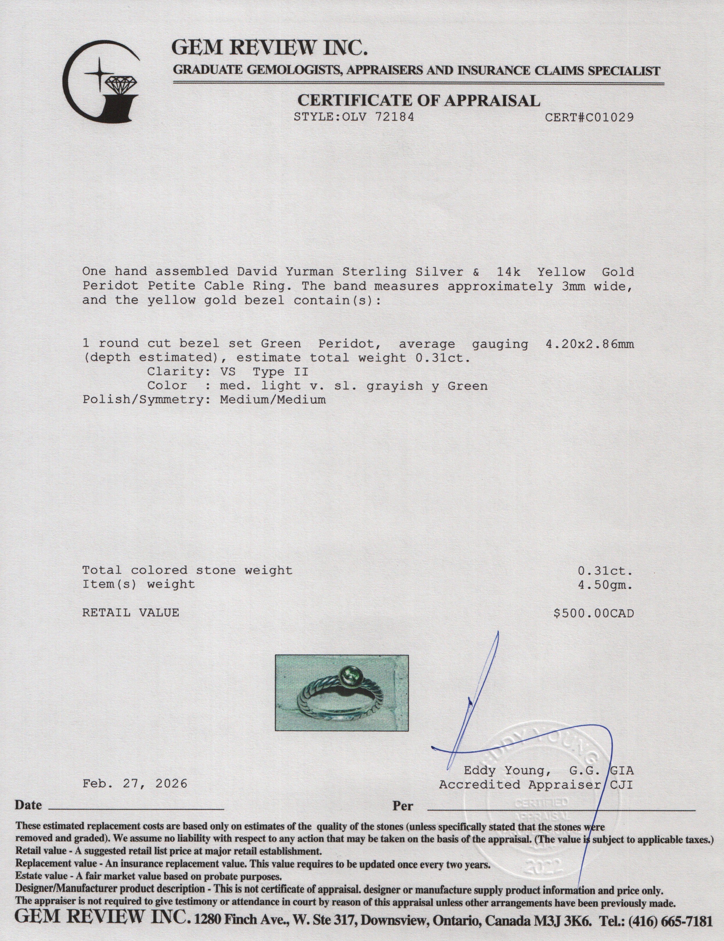 David Yurman Sterling Silver & 14k Yellow Gold Peridot Petite Cable Ring, Size 8