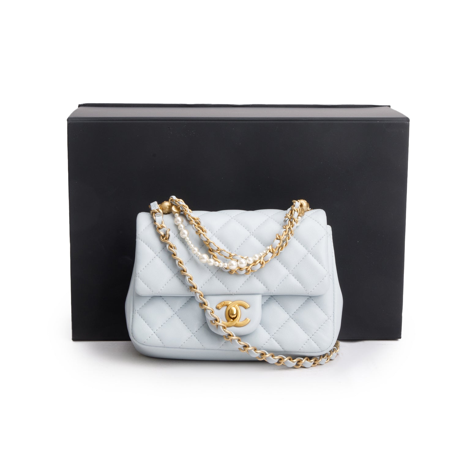 Chanel Blue Lambskin Quilted Pearl Twist Mini Square Flap w/ Box