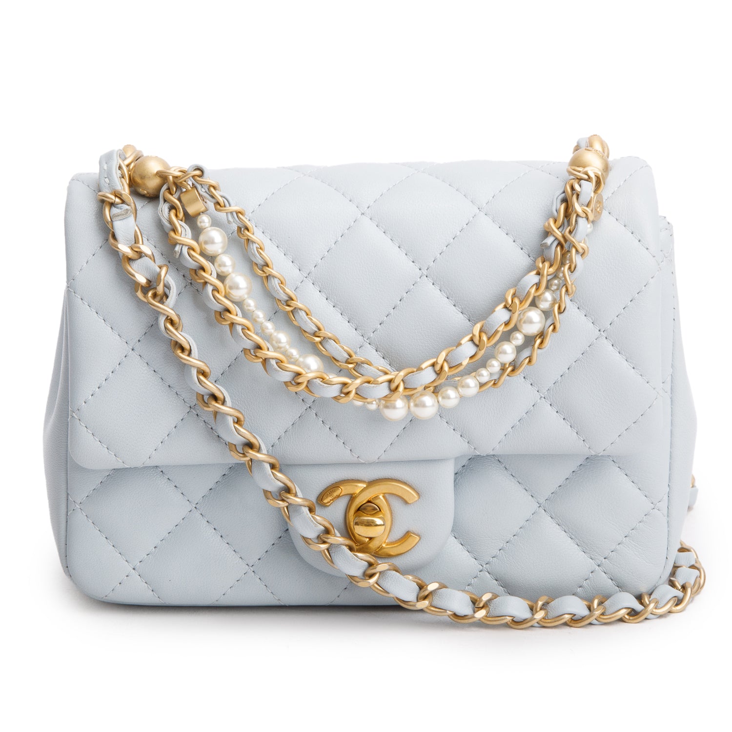 Chanel Blue Lambskin Quilted Pearl Twist Mini Square Flap w/ Box