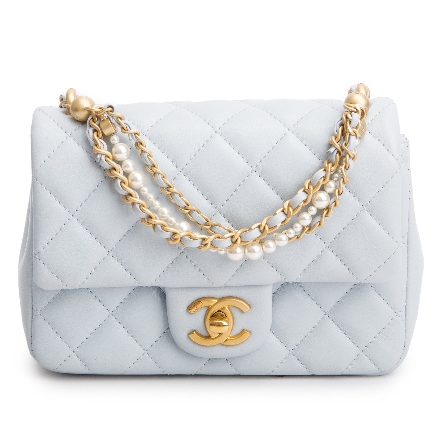Chanel Blue Lambskin Quilted Pearl Twist Mini Square Flap w/ Box