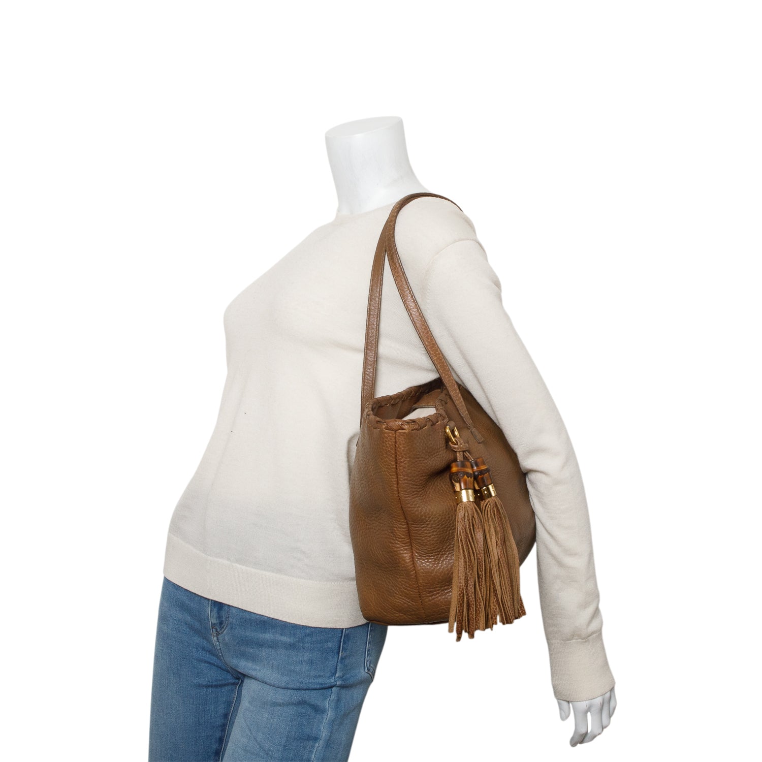 Gucci Brown Calfskin Bamboo Tassel Tote Bag