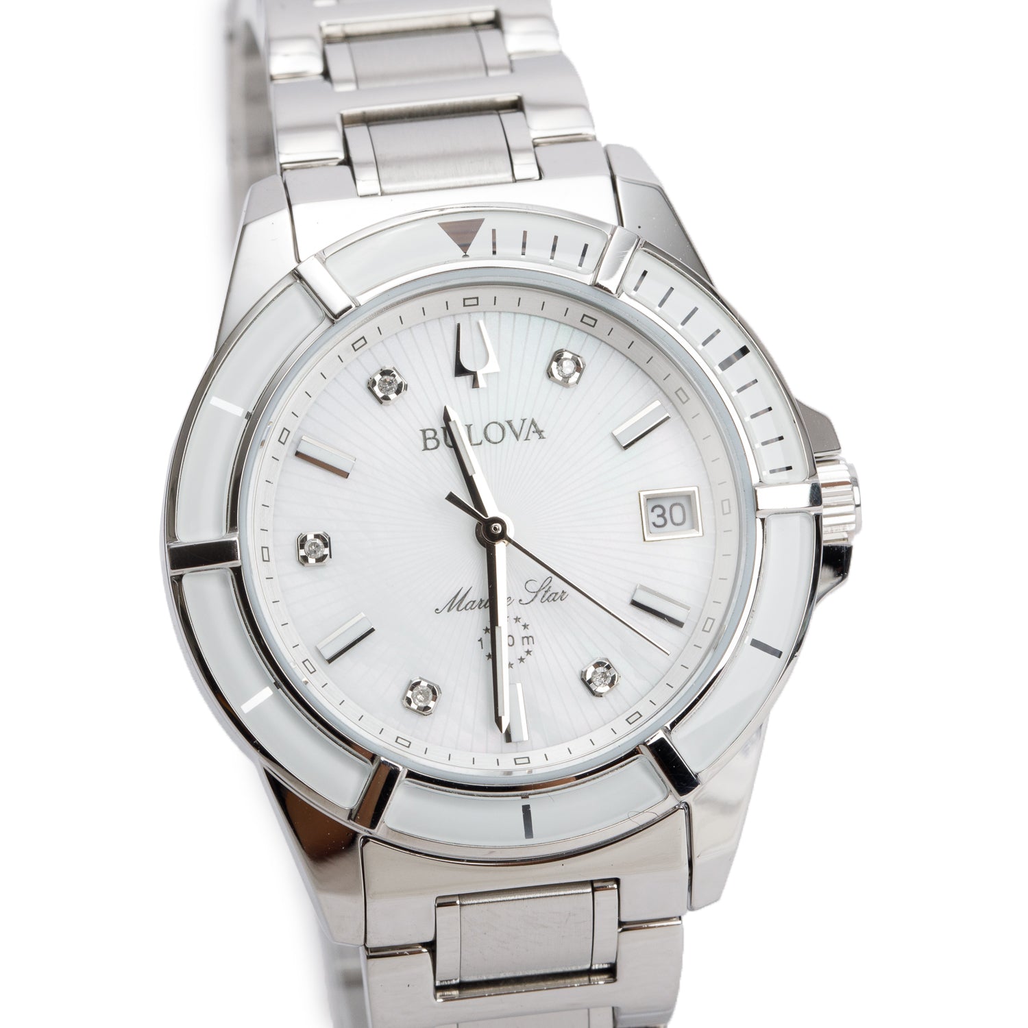 Bulova 2021 Stainless Steel Marine Star Lady 34 MM Quartz Watch White Diamond Dial 96P201 w/ Box & Papers