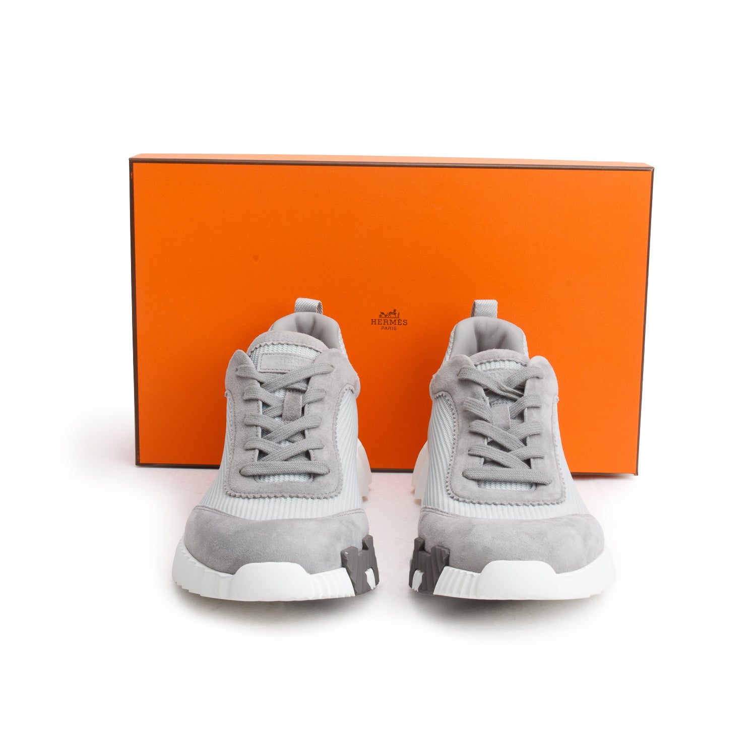 Hermes Gris Arctique Textured Mesh Suede Goatskin Bouncing Sneakers, Men's Size 42 w/ Box