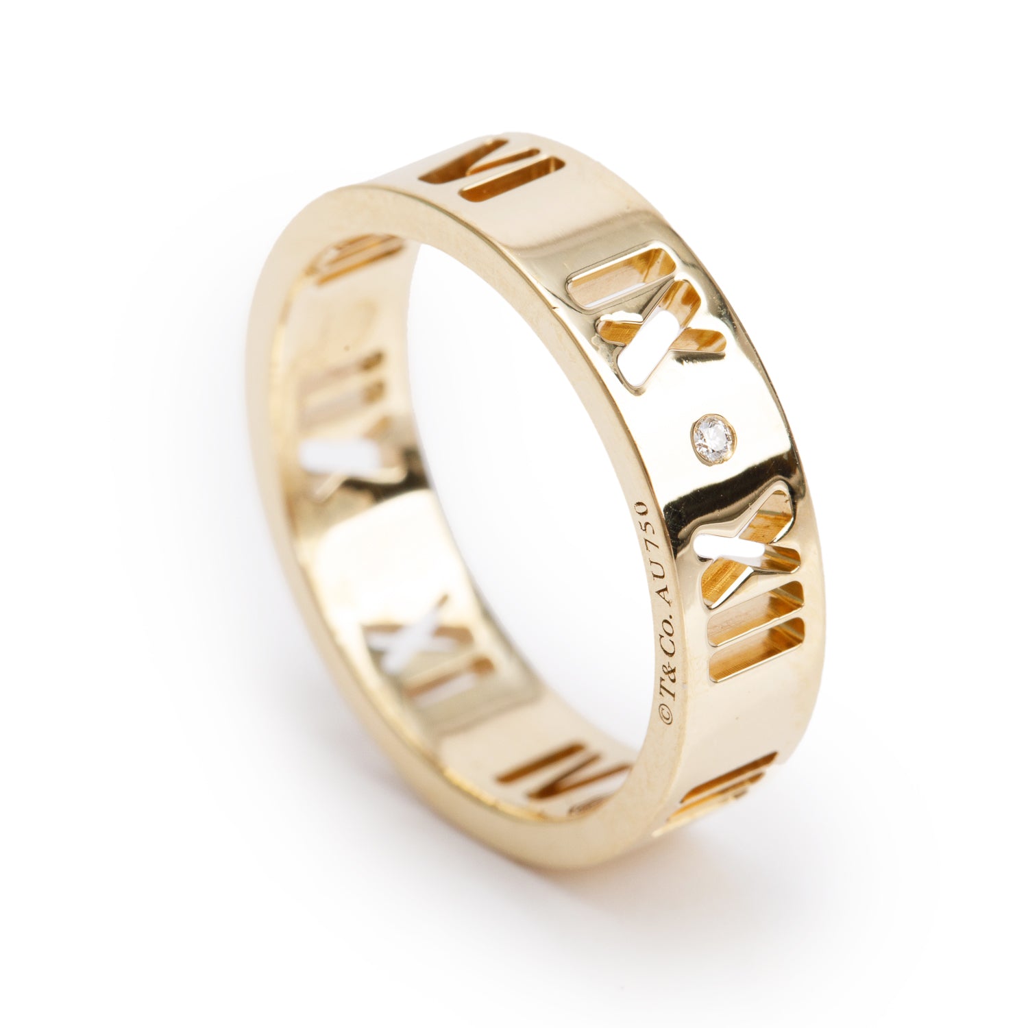 Tiffany & Co. 18k Yellow Gold & Diamond Atlas Pierced 5 MM Band Ring, Size 5.75 w/ Box