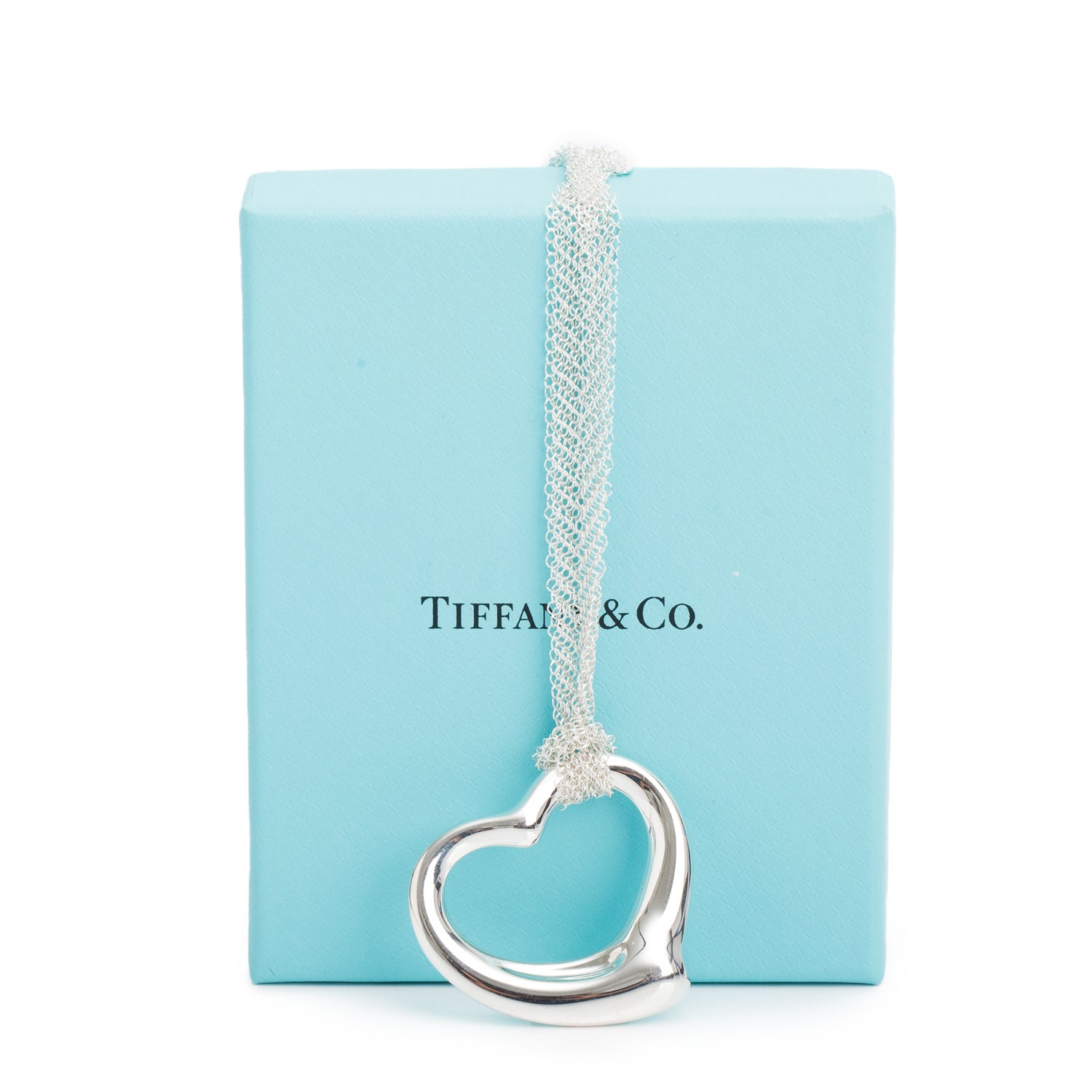 Tiffany & Co. Elsa Peretti Sterling Silver Large 36 MM Open Heart Pendant Mesh Necklace w/ Box